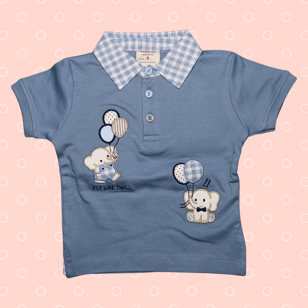 OLLYPOP  Half Sleeves T-Shirt & Shorts Set  | V sheep collar Neck | baby elephant Animal with balloon print on T-shirt and Chex printed shorts for boys , scuba & blue color