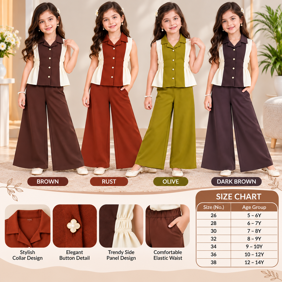 SMILE BABY Girls Premium Sleeveless Collared Top & Wide-Leg Pants Co-Ord Set 