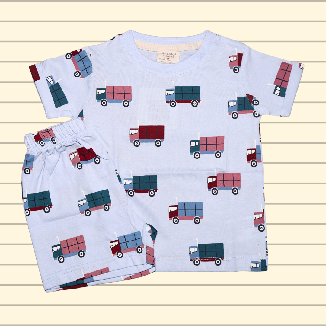 OLLYPOP Pure Cotton T-shirt Half Sleeves , Round Neck and shorts With Truck Printed | PEACH color and light BLUE color