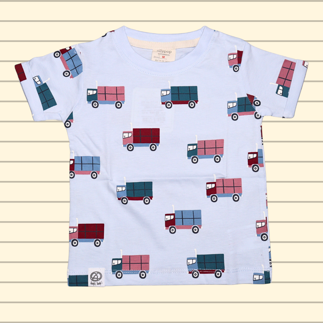 OLLYPOP Pure Cotton T-shirt Half Sleeves , Round Neck and shorts With Truck Printed | PEACH color and light BLUE color