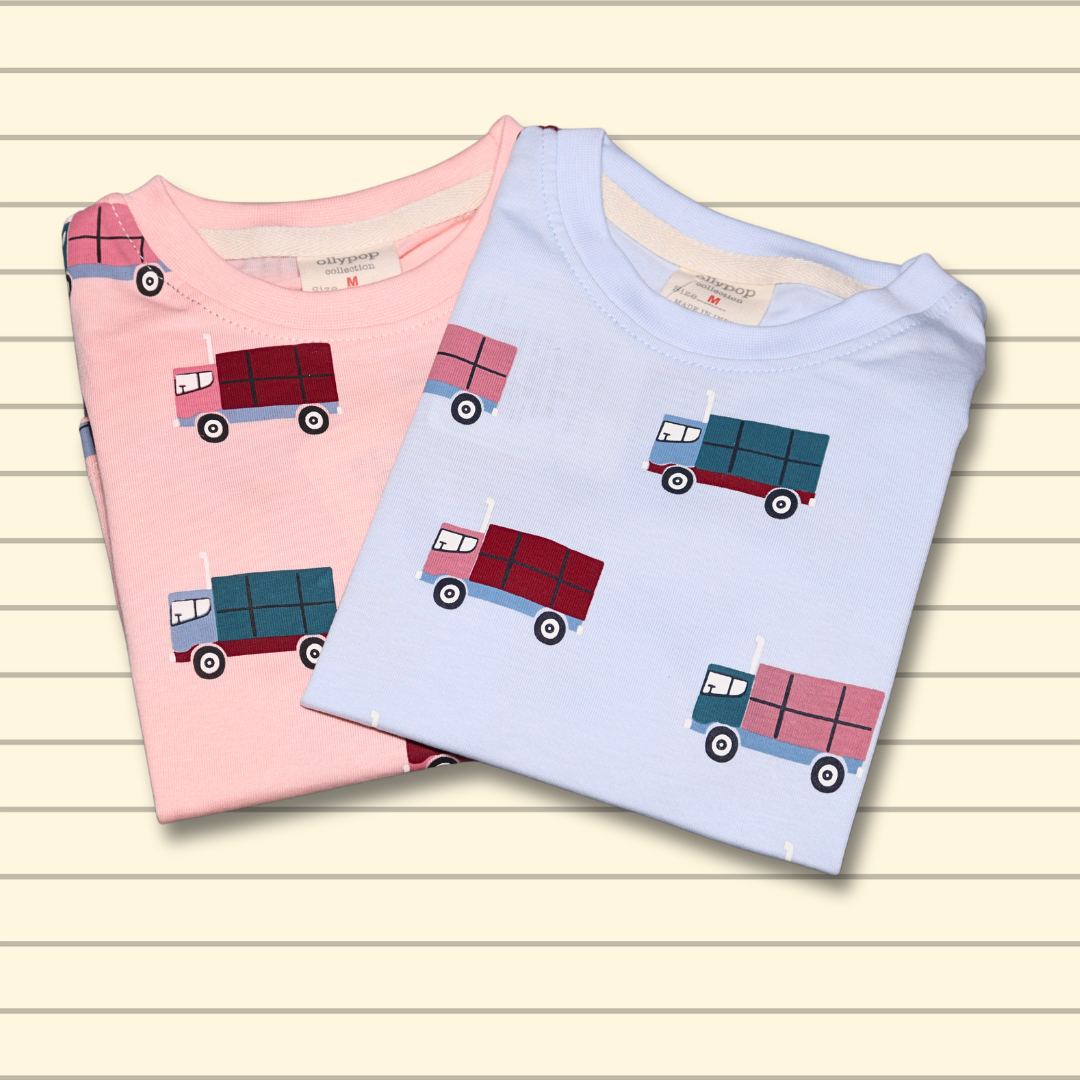 OLLYPOP Pure Cotton T-shirt Half Sleeves , Round Neck and shorts With Truck Printed | PEACH color and light BLUE color