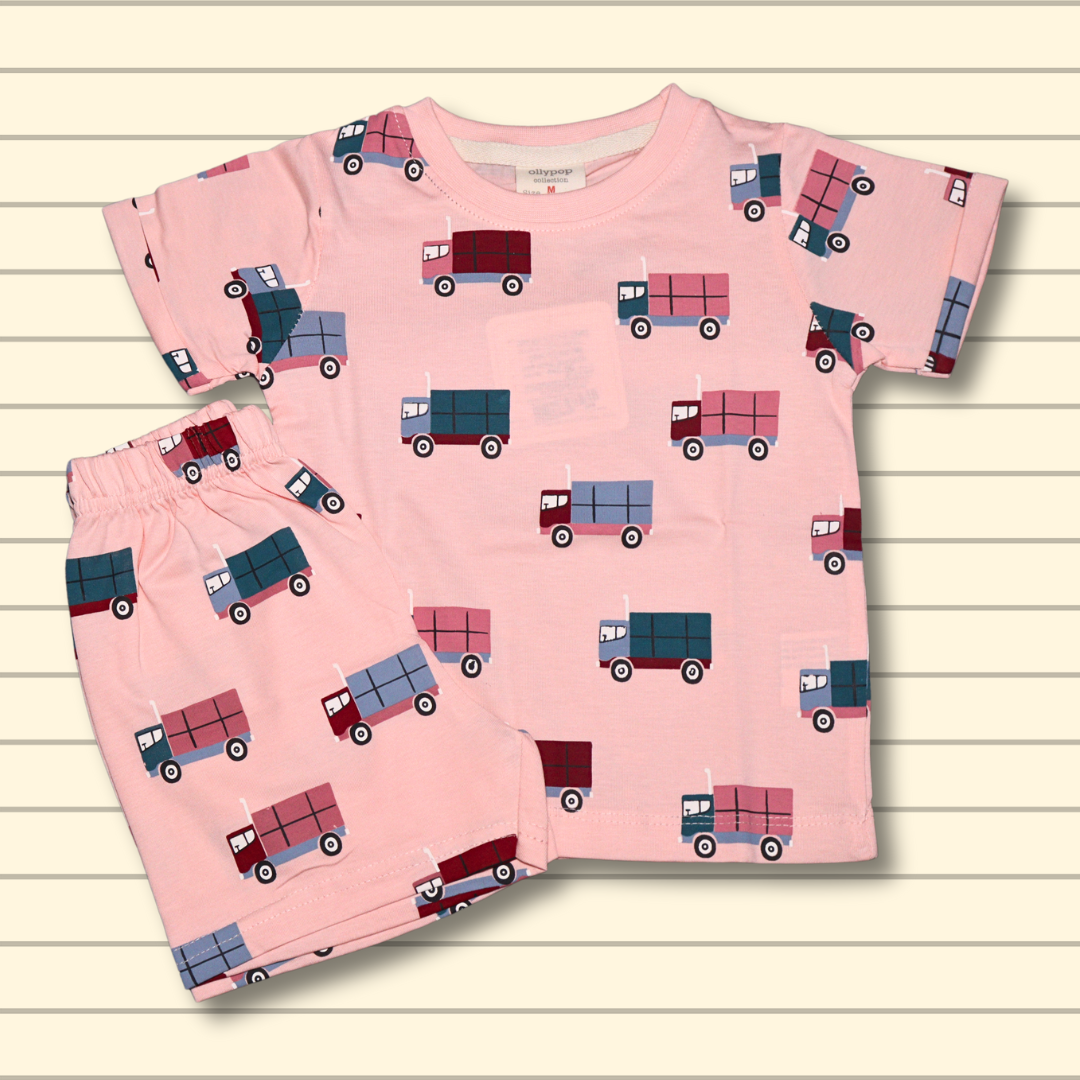 OLLYPOP Pure Cotton T-shirt Half Sleeves , Round Neck and shorts With Truck Printed | PEACH color and light BLUE color