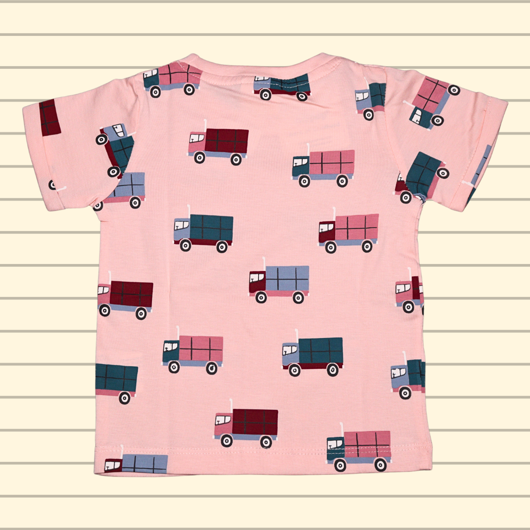OLLYPOP Pure Cotton T-shirt Half Sleeves , Round Neck and shorts With Truck Printed | PEACH color and light BLUE color