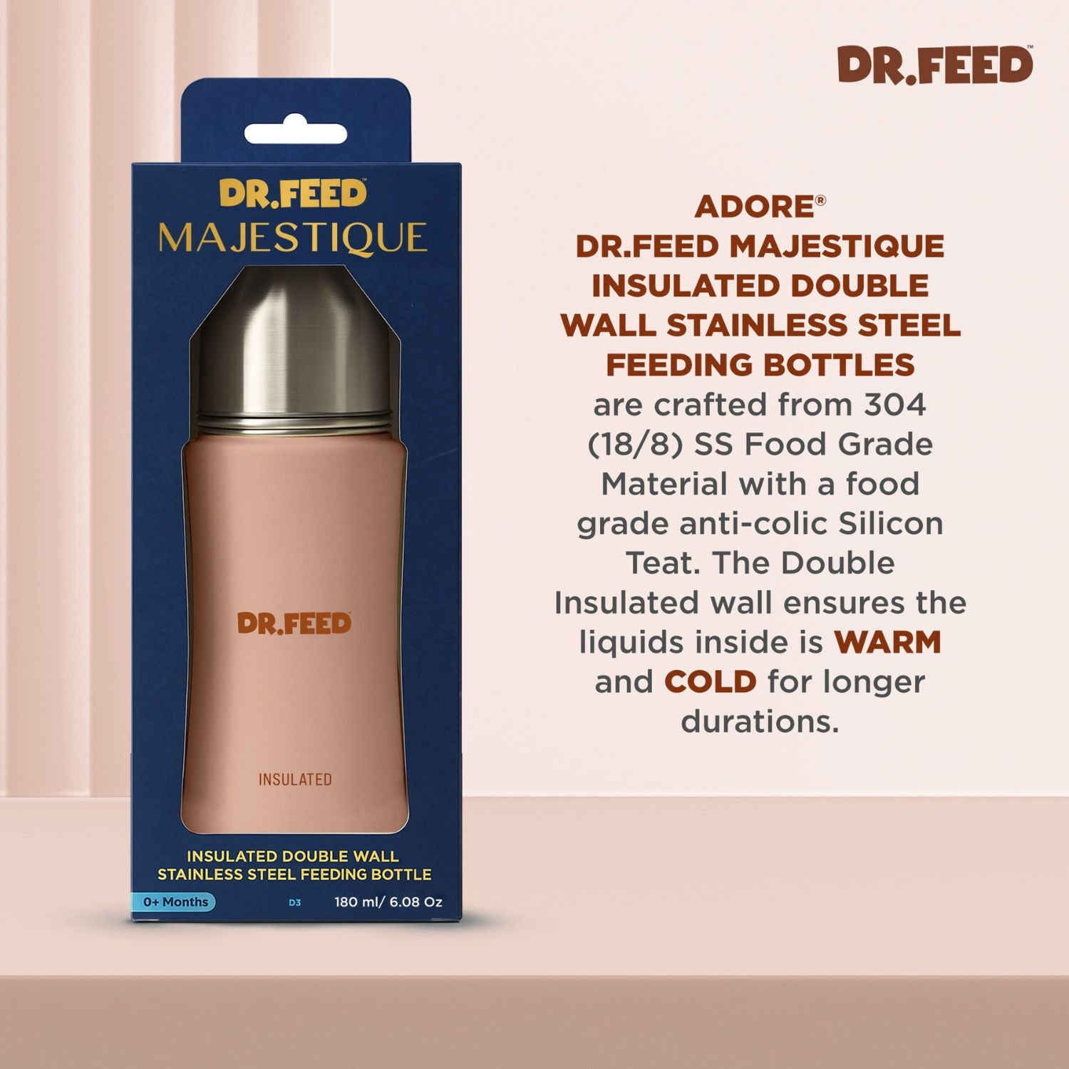 ADORÉ® Dr. Feed Majestique Insulated Double Wall Stainless Steel Feeding Bottle | 180 ml | Anti-Colic Silicone Teat | Hot & Cold Retention