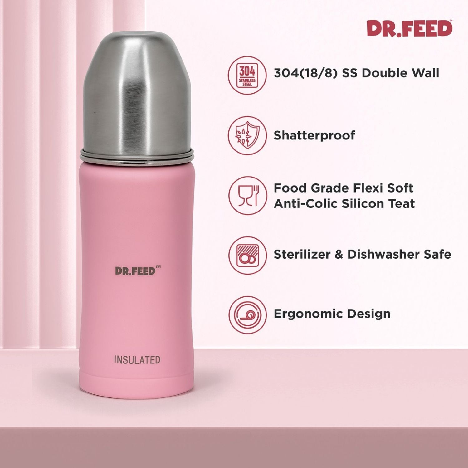 ADORE DR.FEED Majestique Insulated Stainless Steel Feeding Bottle – Pink (270 ML) | Anti-Colic Silicone Teat
