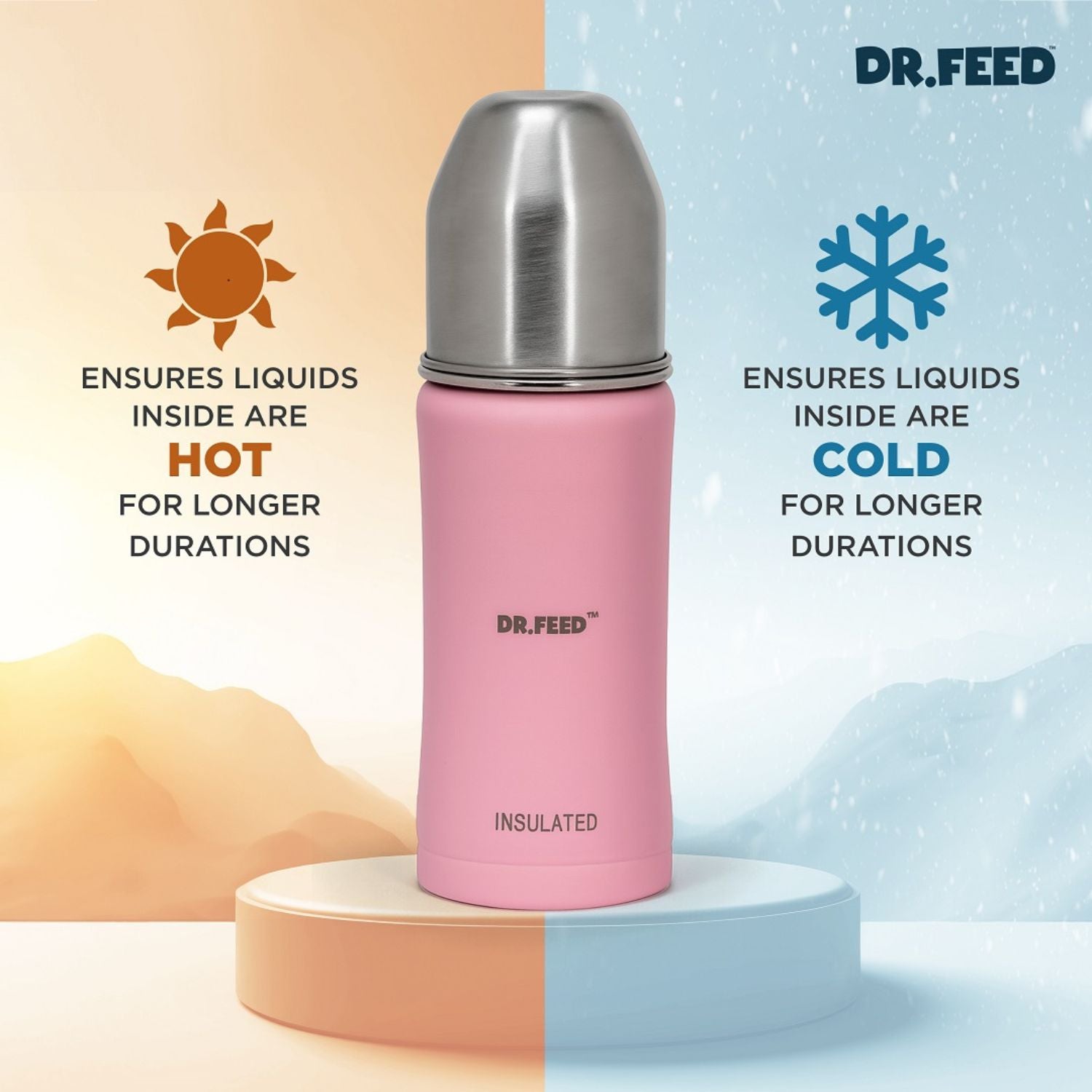 ADORE DR.FEED Majestique Insulated Stainless Steel Feeding Bottle – Pink (270 ML) | Anti-Colic Silicone Teat