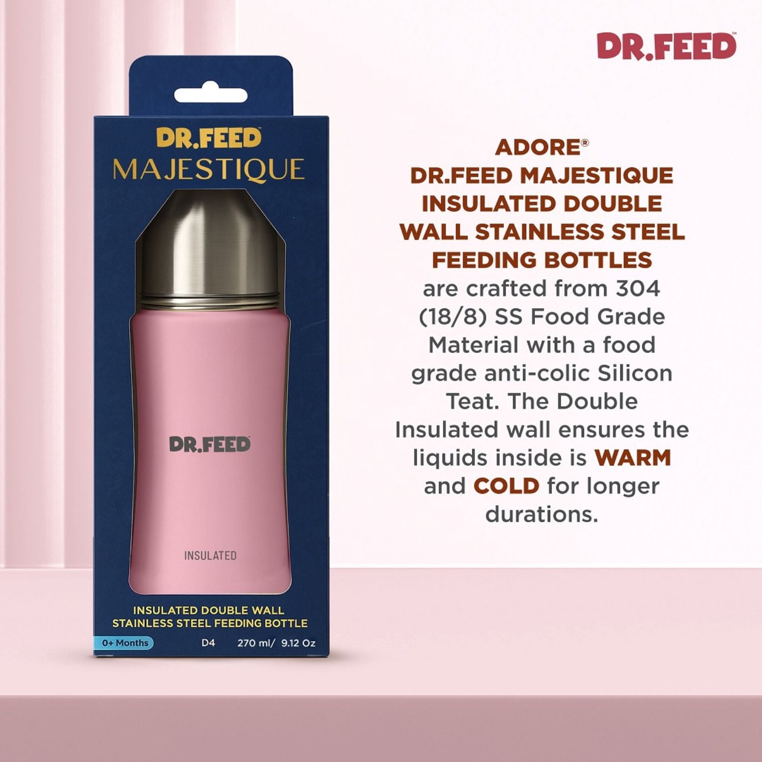 ADORE DR.FEED Majestique Insulated Stainless Steel Feeding Bottle – Pink (270 ML) | Anti-Colic Silicone Teat
