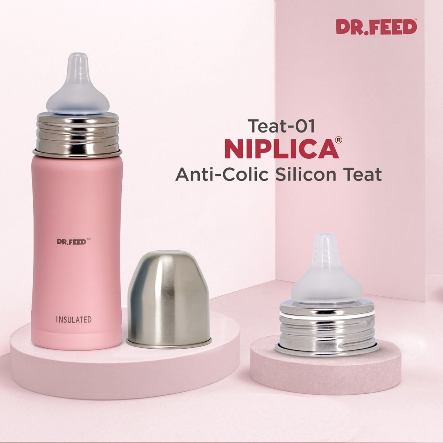 ADORE DR.FEED Majestique Insulated Stainless Steel Feeding Bottle – Pink (270 ML) | Anti-Colic Silicone Teat