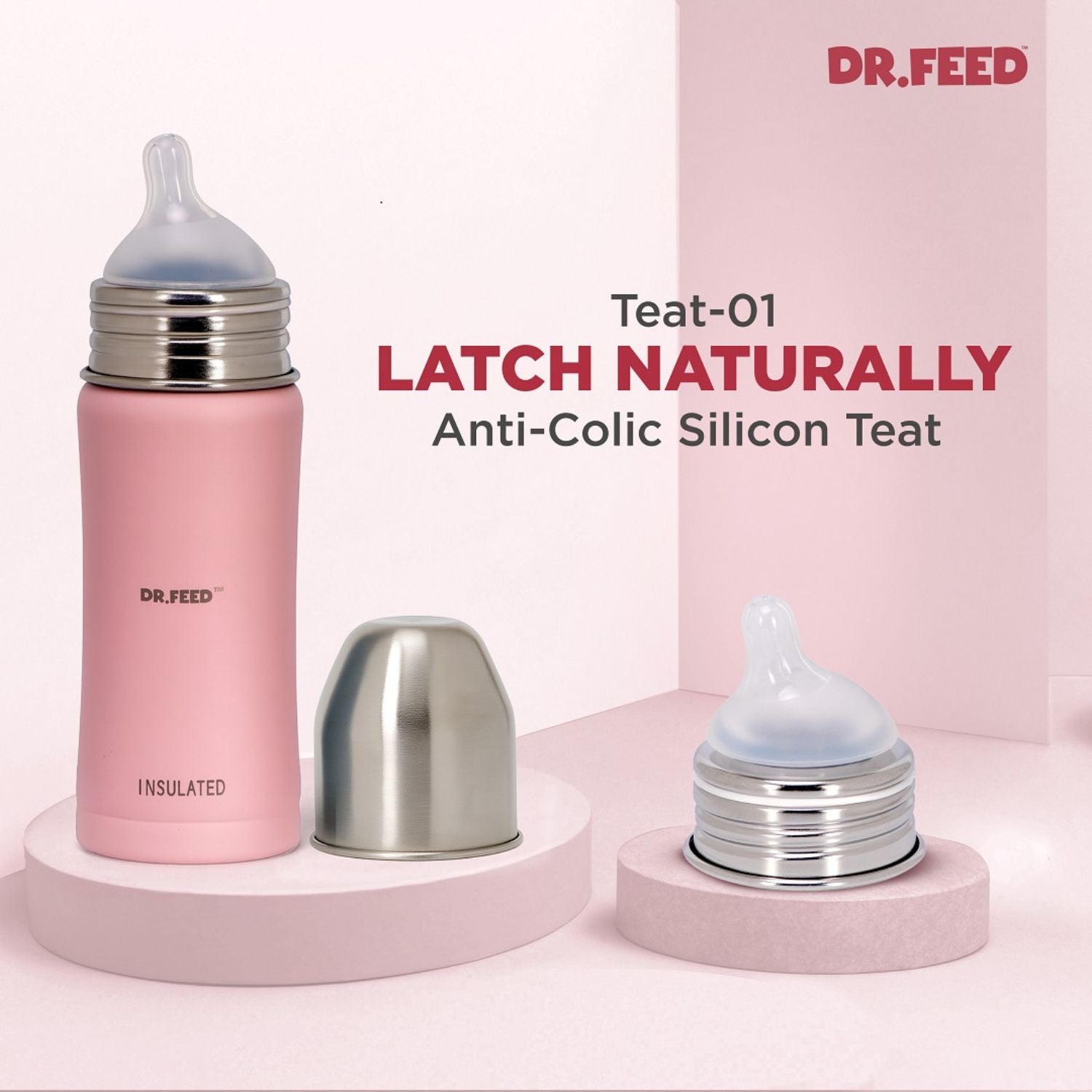 ADORE DR.FEED Majestique Insulated Stainless Steel Feeding Bottle – Pink (270 ML) | Anti-Colic Silicone Teat