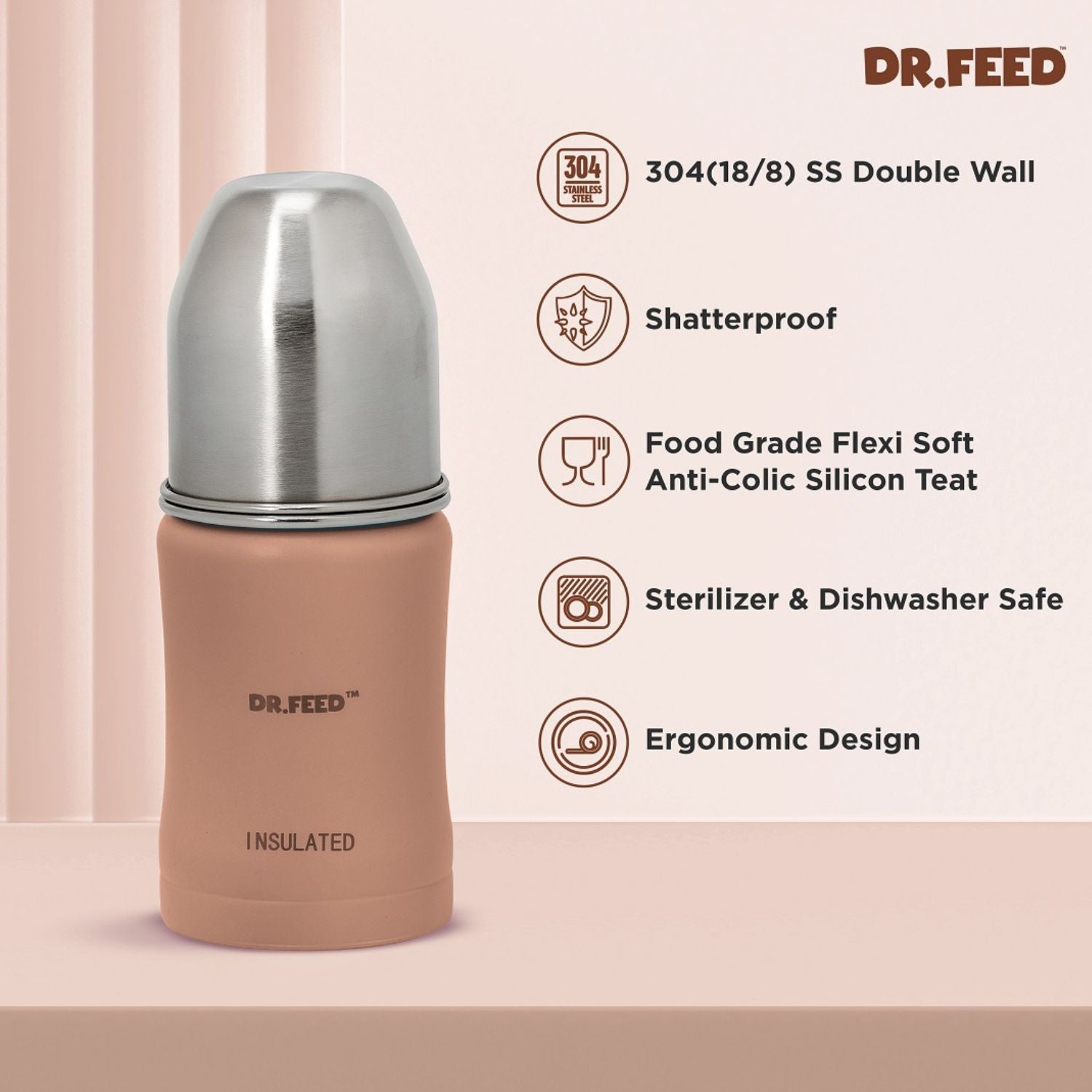 ADORÉ® Dr. Feed Majestique Insulated Double Wall Stainless Steel Feeding Bottle | 180 ml | Anti-Colic Silicone Teat | Hot & Cold Retention