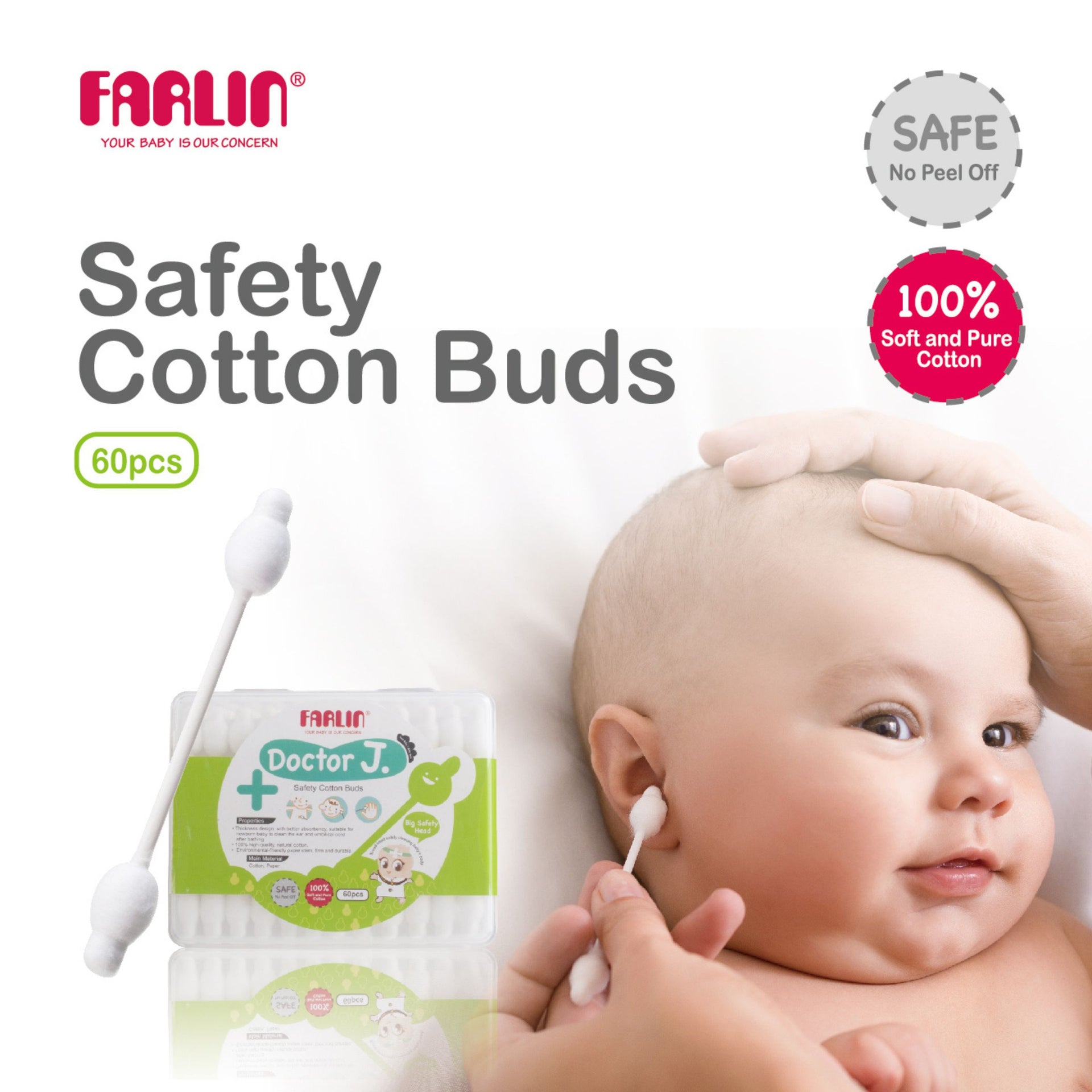Farlin Doctor J. Safety Cotton Buds for Babies (60 pcs, Big Safety Head, 100% Pure Cotton, Paper Stem)