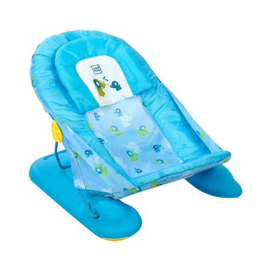 Mee Mee New Born Spacious Baby Bather Bath Chair For 0-12 Months | Easy Flat Folding, Washable Soft Mesh Large Seat And Foot Rest | 3 Position Adjustable Chair | Anti Skid Base | For Babies Upto 5 Kg (blue)