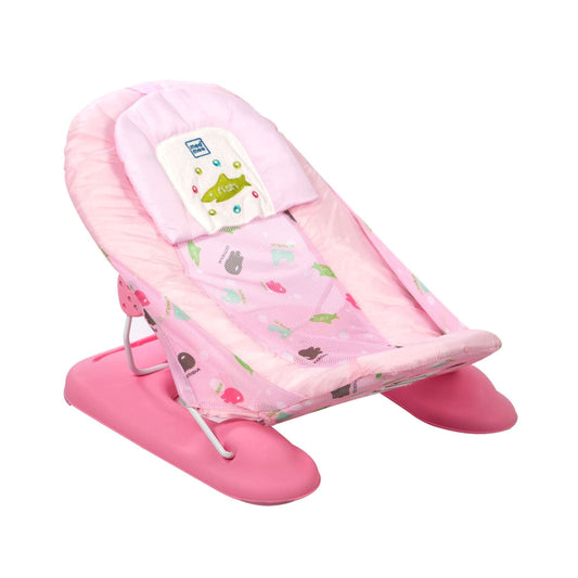 Mee Mee New Born Spacious Baby Bather Bath Chair For 0-12 Months | Easy Flat Folding, Washable Soft Mesh Large Seat And Foot Rest | 3 Position Adjustable Chair | Anti Skid Base | For Babies Upto 5 Kg (Pink)