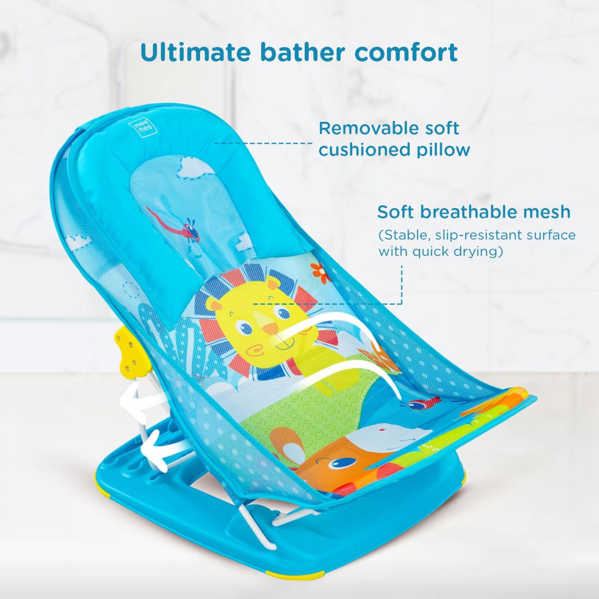 Mee Mee Newborn Baby Bather | Bath Chair for Newborns and Infants 0-12 Months | Foldable | 3 Position Adjustable chair | Anti Skid Base | Washable Soft Mesh Seat | for Babies Upto 5Kg