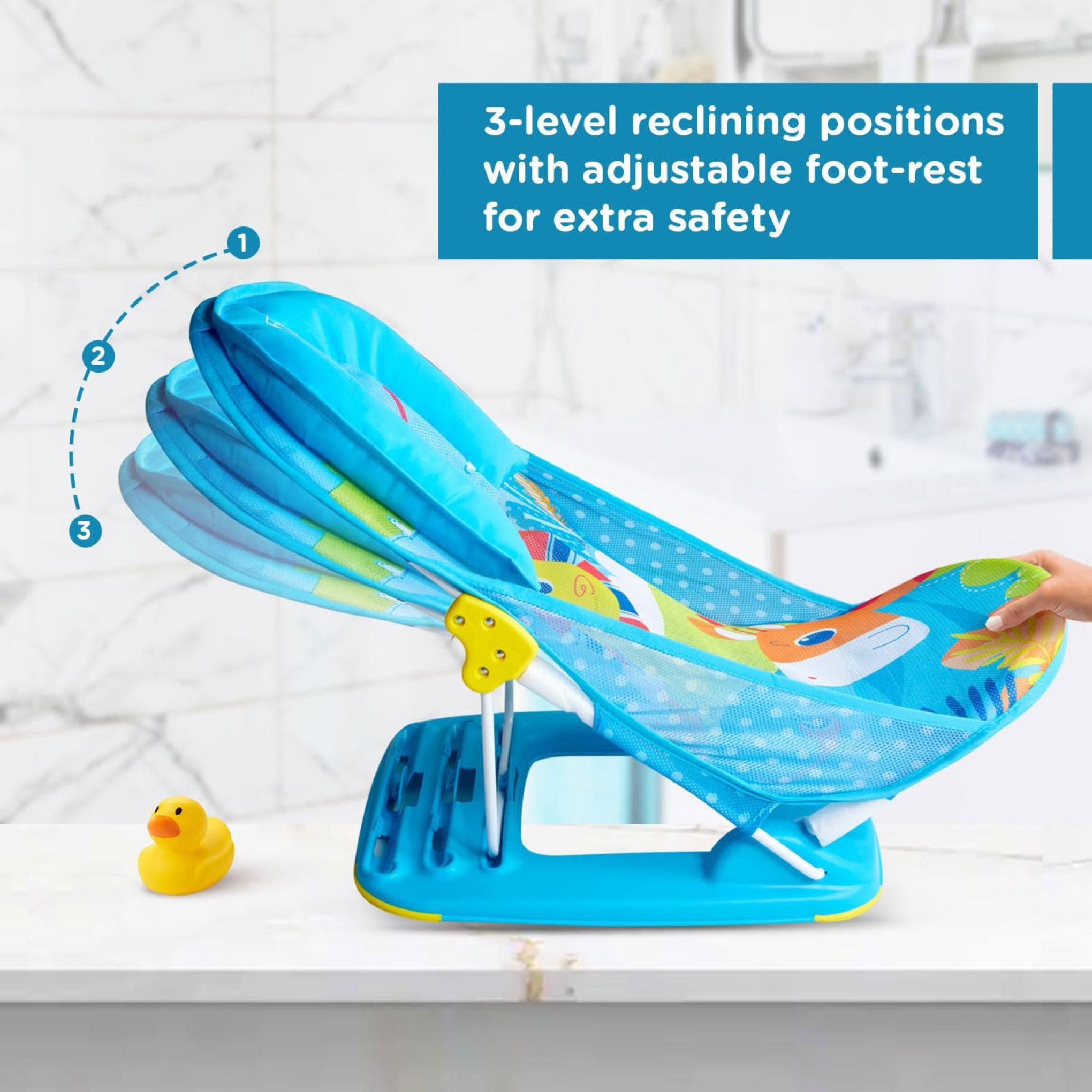 Mee Mee Newborn Baby Bather | Bath Chair for Newborns and Infants 0-12 Months | Foldable | 3 Position Adjustable chair | Anti Skid Base | Washable Soft Mesh Seat | for Babies Upto 5Kg