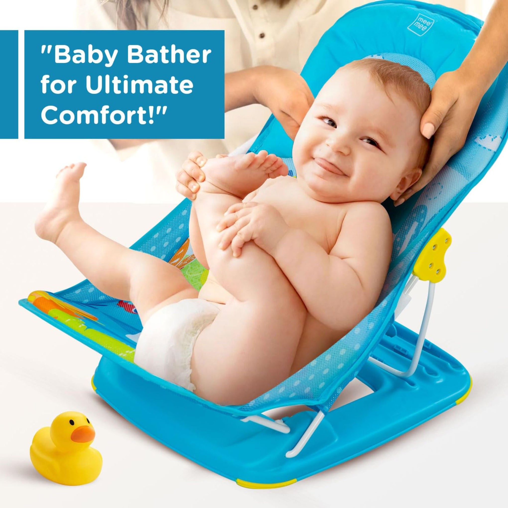 Mee Mee Newborn Baby Bather | Bath Chair for Newborns and Infants 0-12 Months | Foldable | 3 Position Adjustable chair | Anti Skid Base | Washable Soft Mesh Seat | for Babies Upto 5Kg