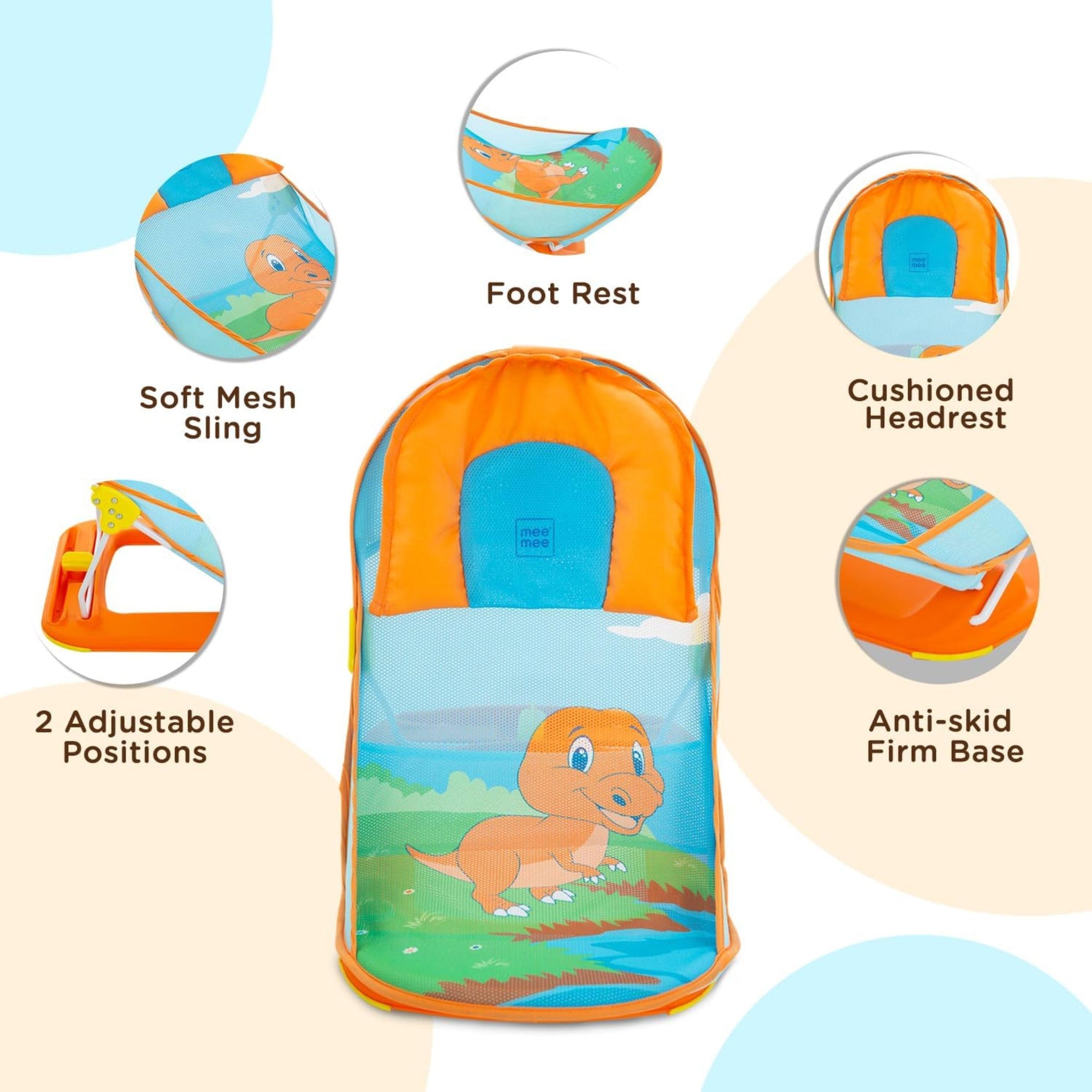 Mee Mee Newborn Baby Bather | Bath Chair for Newborns and Infants 0-12 Months | Foldable | 3 Position Adjustable chair | Anti Skid Base | Washable Soft Mesh Seat | for Babies Upto 5Kg