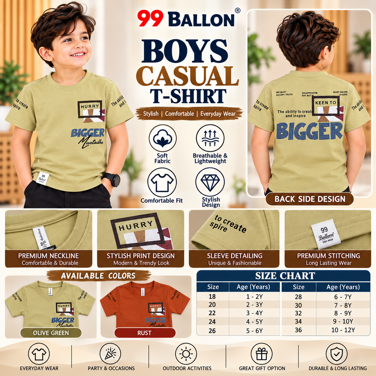 99 BALLON boys casual T-shirt A+ infographic size chart