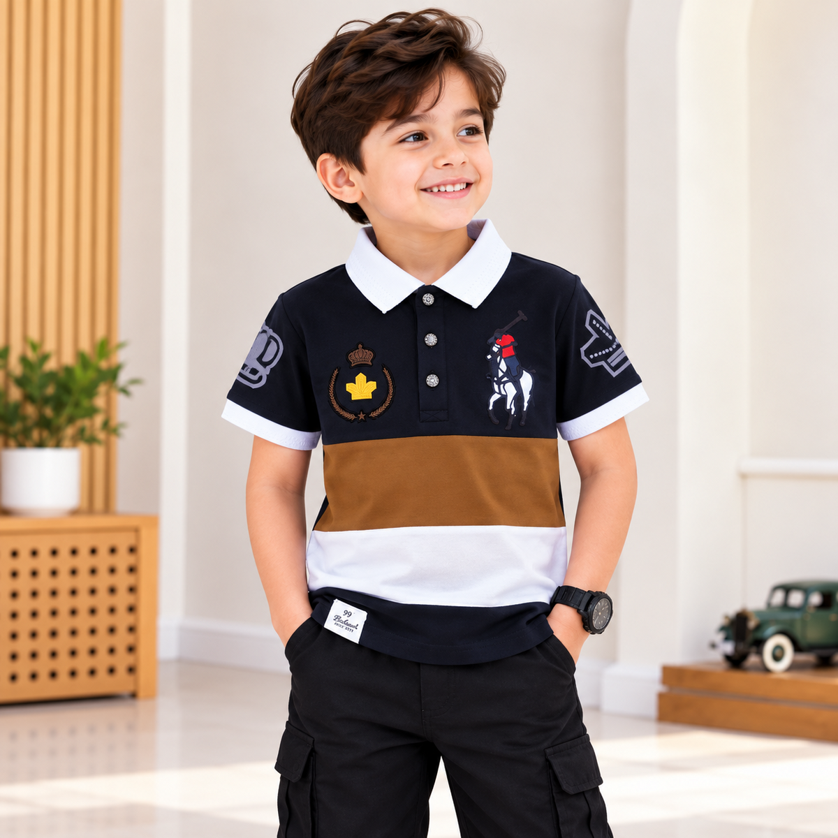 99 BALLON boys black colour block polo shirt front