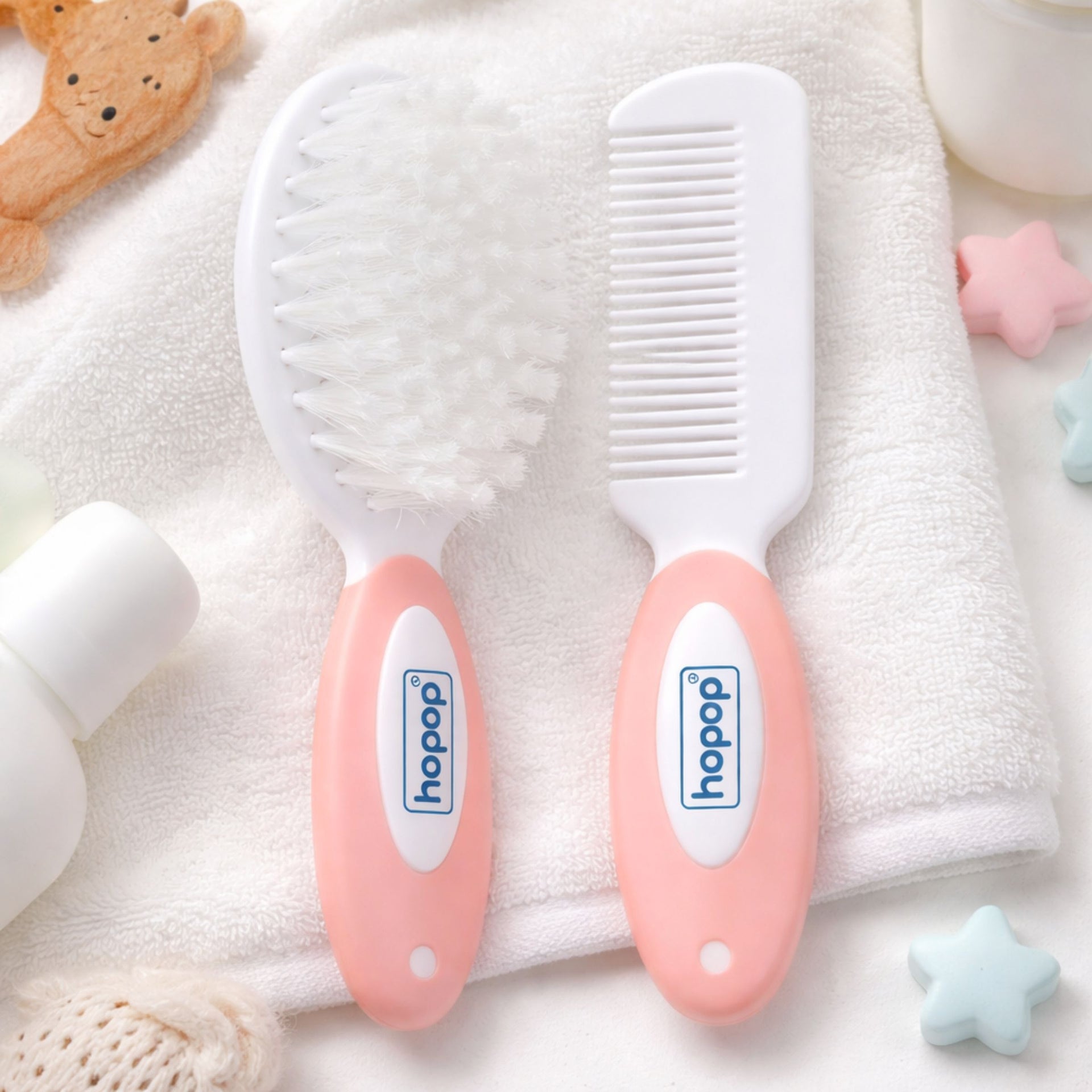 Hopop Hair Brush & Comb Set for New Born Baby | Suitable from 0+ Months | Baby Combo Pack of Soft Bristle Brush & Rounded Teeth Comb for Gentle Hair Grooming | Easy Grip Handles | pink