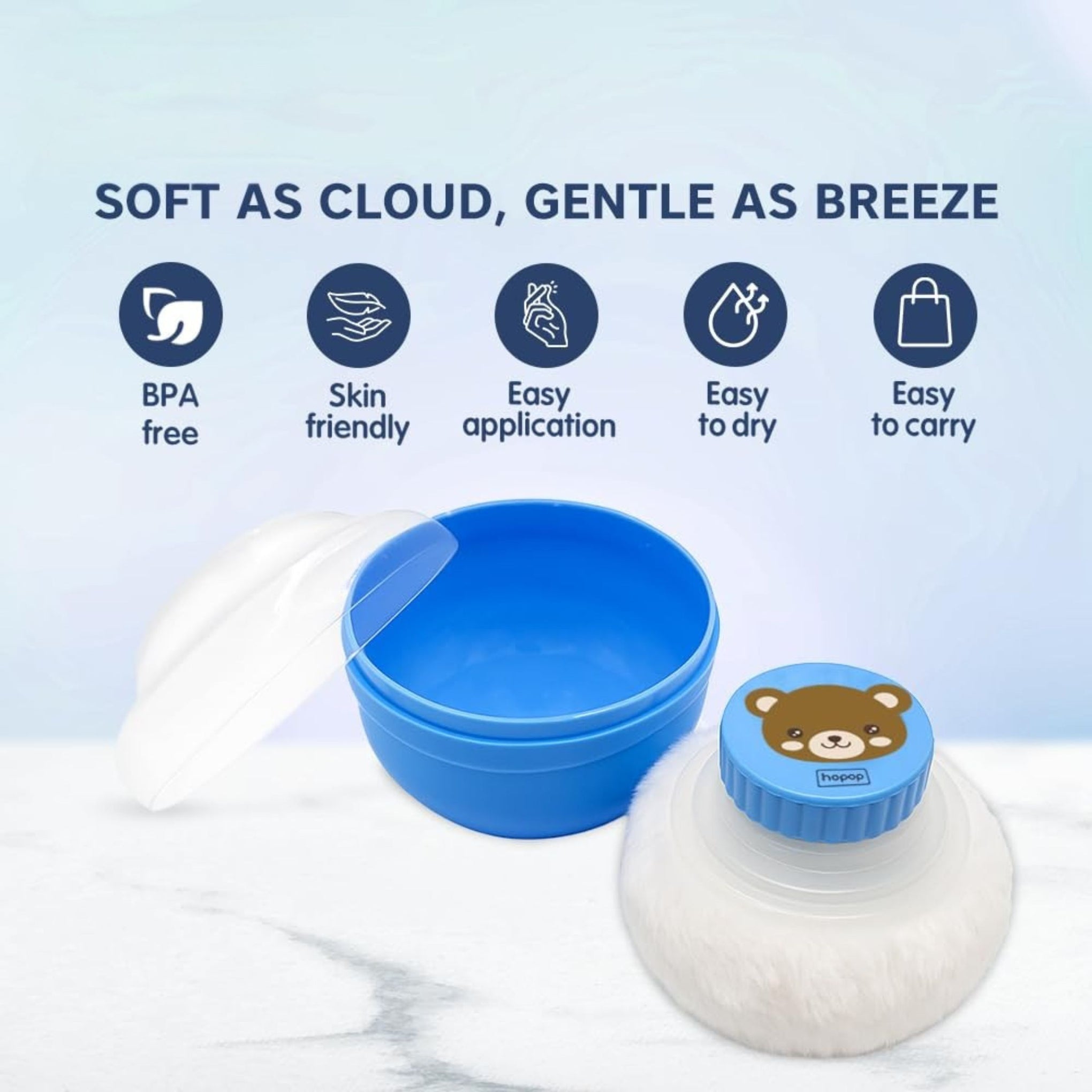 Hopop Powder Puff with Box | Soft & Gentle Powder Puff for Babies with Box Holder Container for New Born and Kids | BPA Free Baby Powder Box | Skin-Friendly | Easy to use | color avilebale pink & blue
