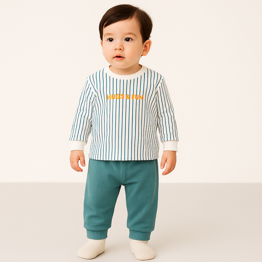 Smile Baby Hugs & Fun Premium Striped Full-Sleeve Night Suit Set for Babies – Soft Cotton Top & Pajama | 0–24 Months (Green, Brown, Navy Blue)