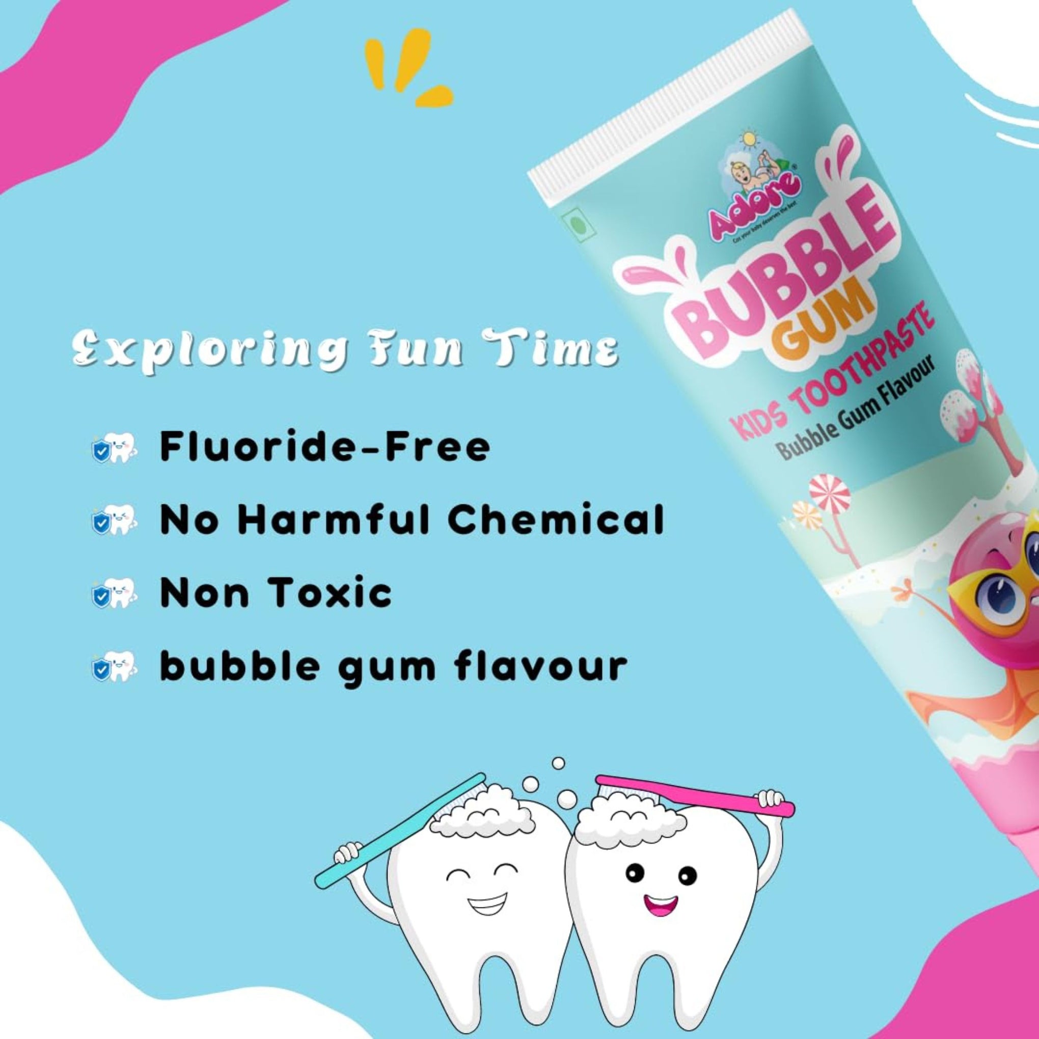 Adore Bubble Gum Flavor Toothpaste -Fights Plaque-Fluoride Free -Gentle for Kids (Pack of 1)