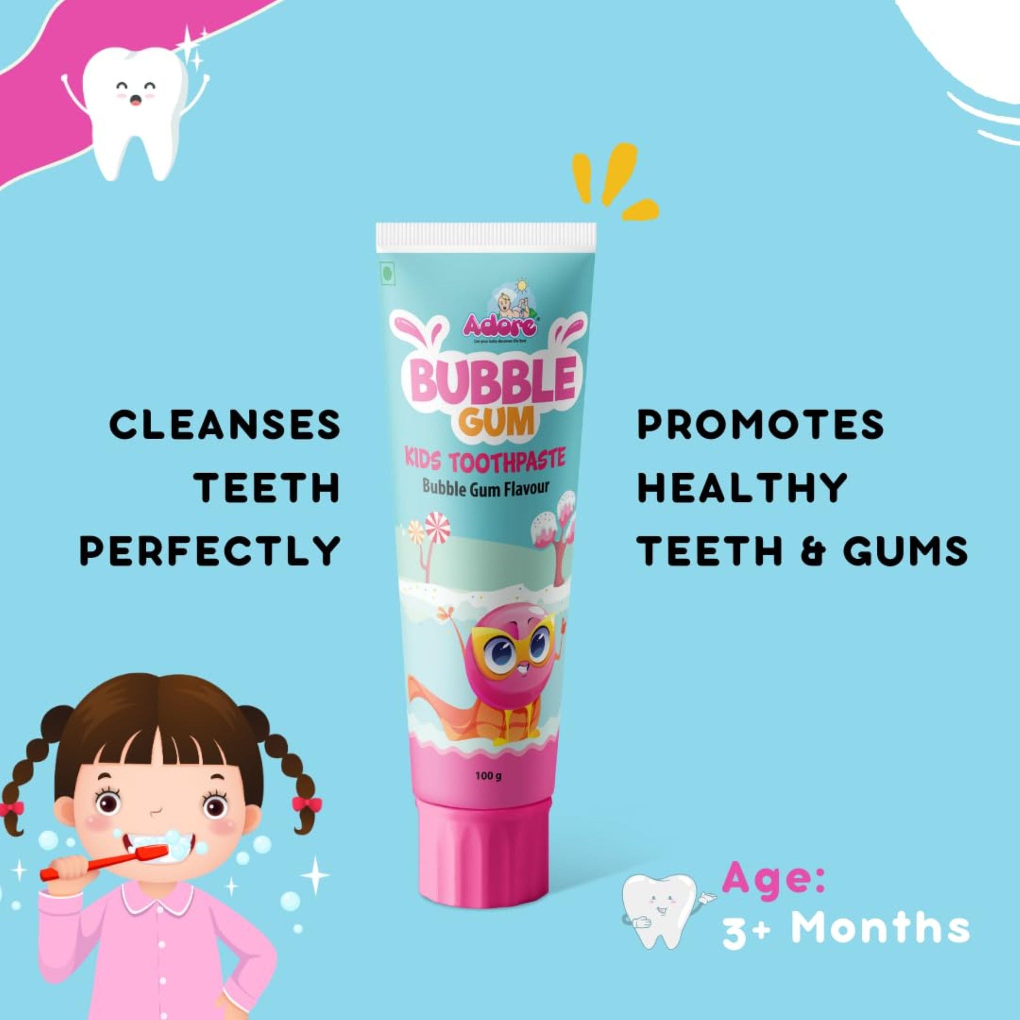 Adore Bubble Gum Flavor Toothpaste -Fights Plaque-Fluoride Free -Gentle for Kids (Pack of 1)