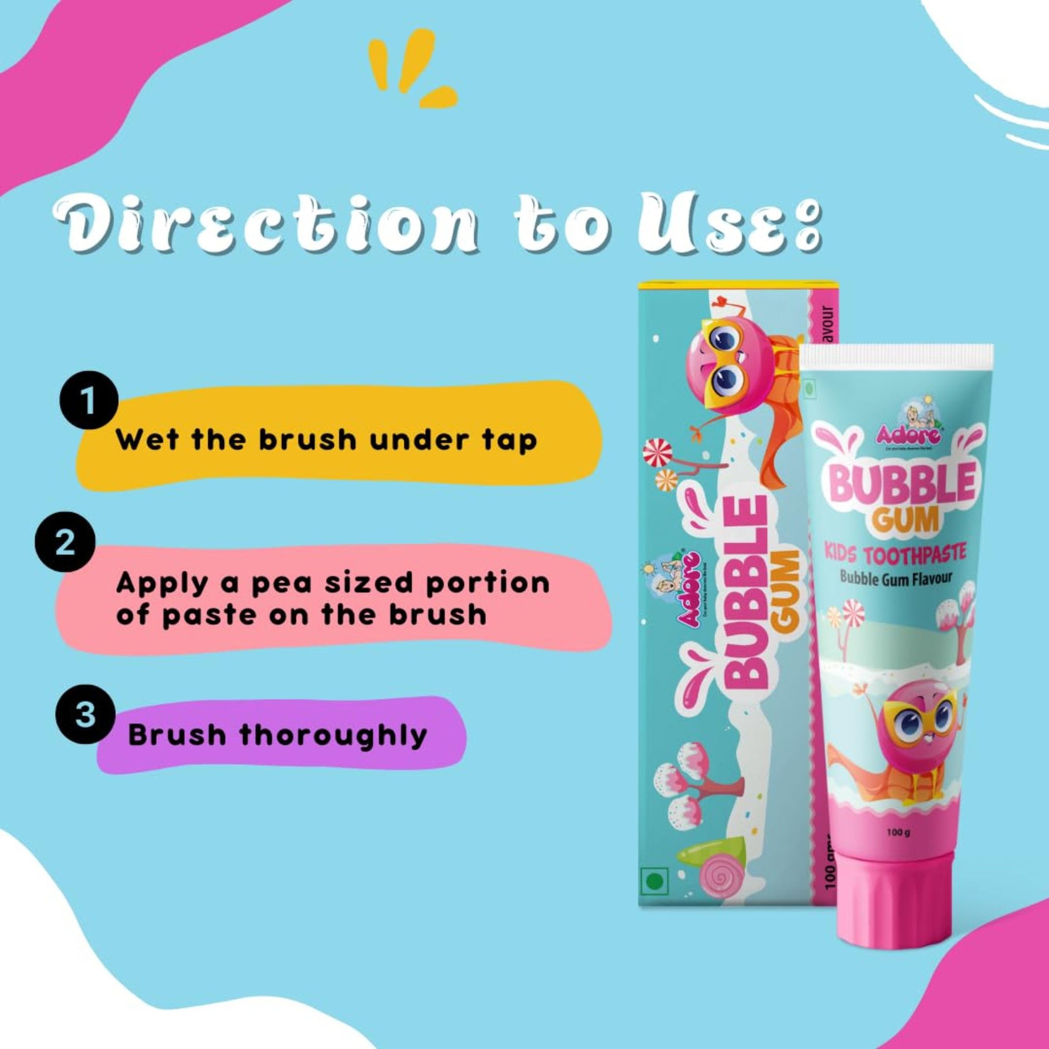 Adore Bubble Gum Flavor Toothpaste -Fights Plaque-Fluoride Free -Gentle for Kids (Pack of 1)