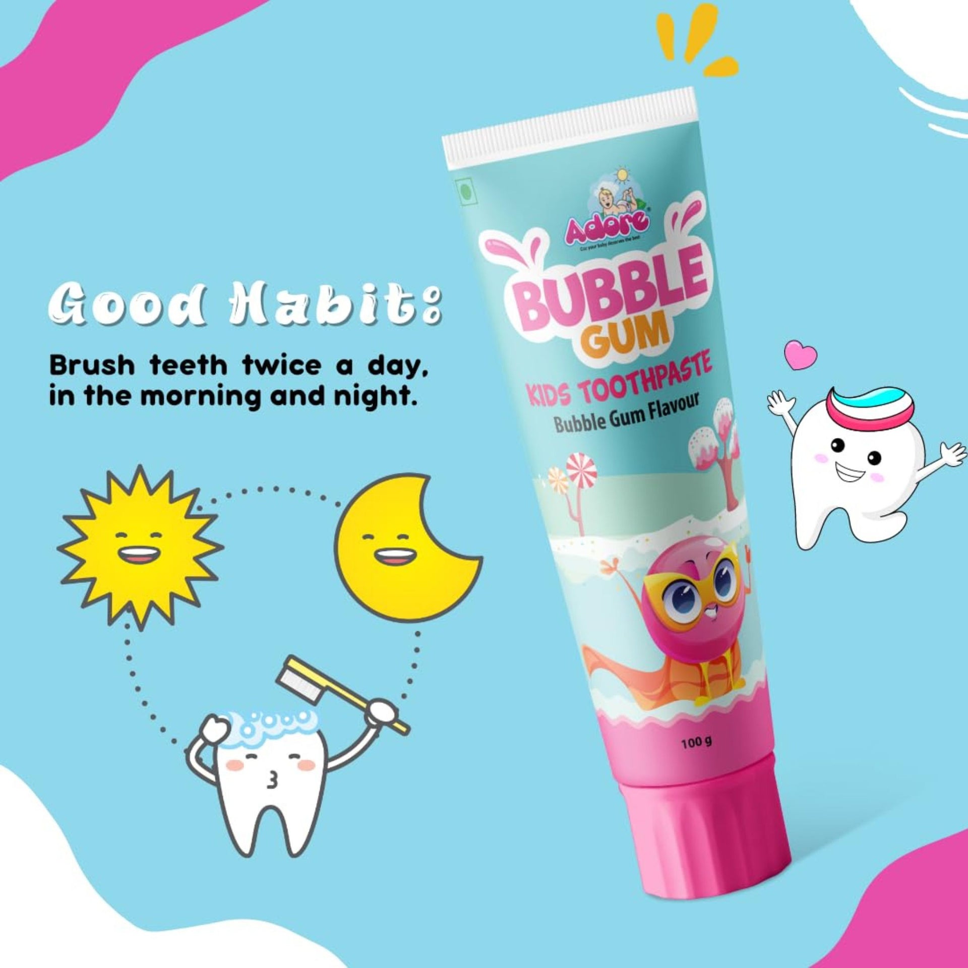 Adore Bubble Gum Flavor Toothpaste -Fights Plaque-Fluoride Free -Gentle for Kids (Pack of 1)