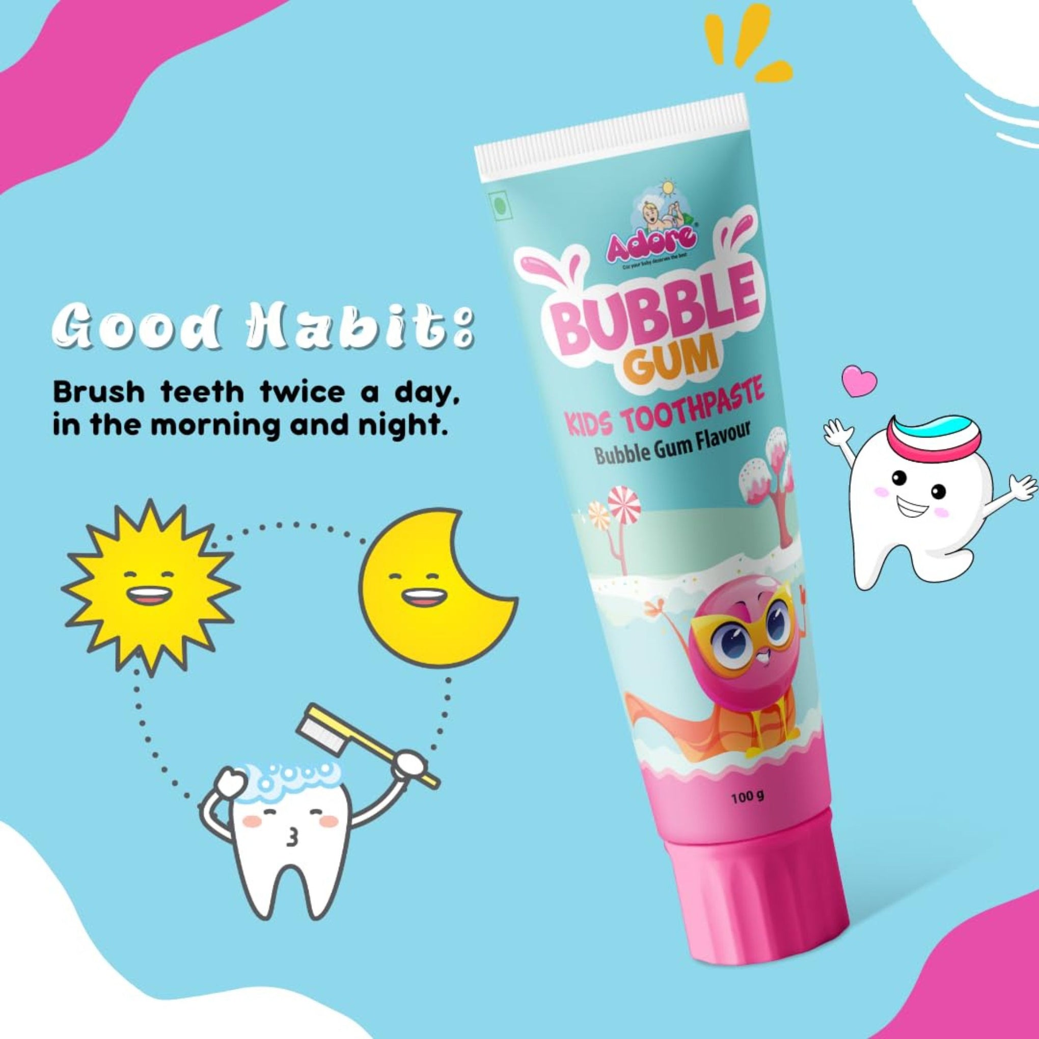 Adore Bubble Gum Flavor Toothpaste -Fights Plaque-Fluoride Free -Gentle for Kids (Pack of 1)