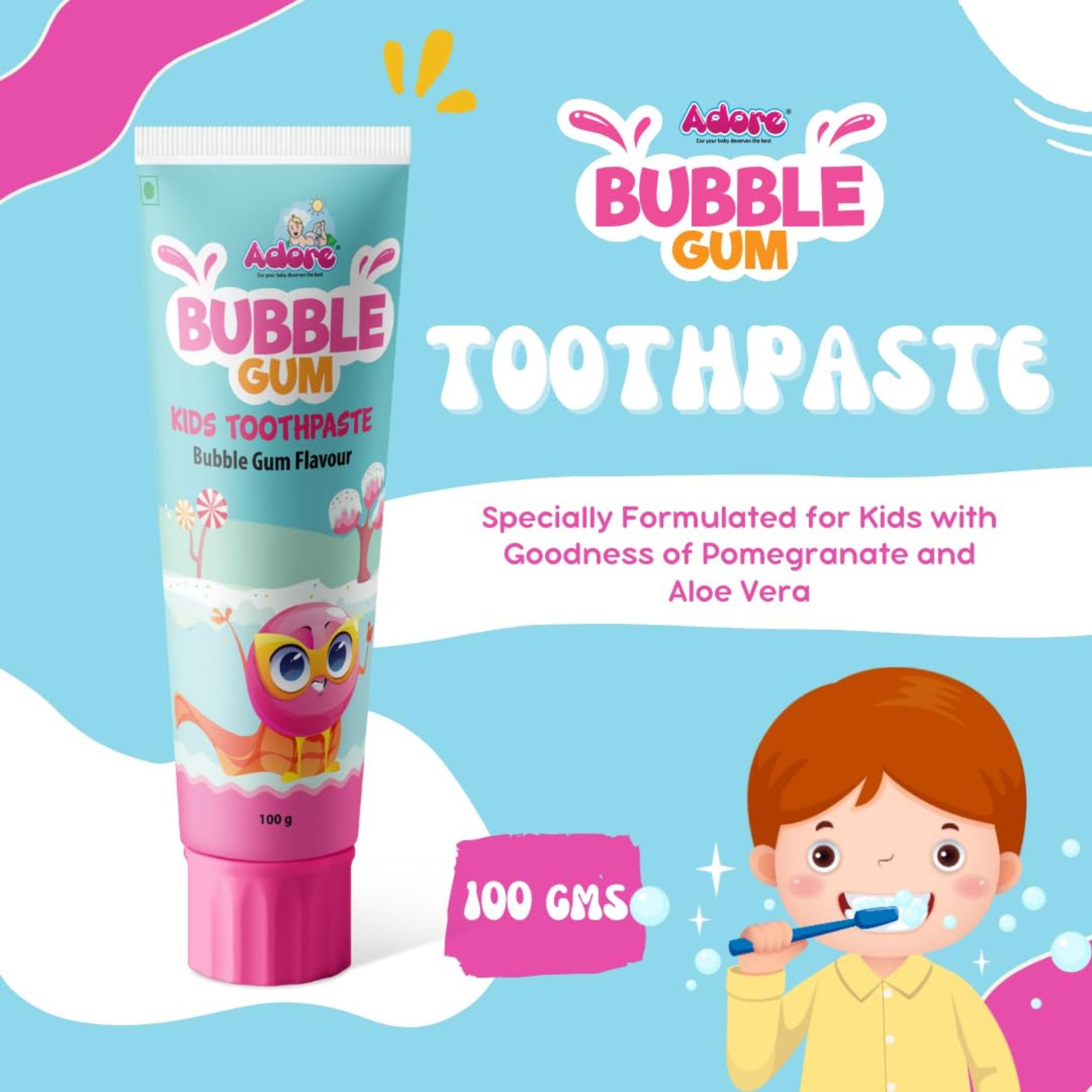 Adore Bubble Gum Flavor Toothpaste -Fights Plaque-Fluoride Free -Gentle for Kids (Pack of 1)