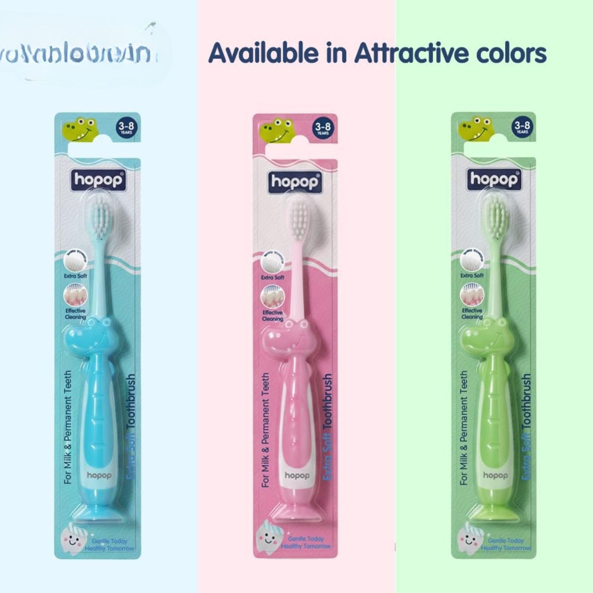 Hopop Kids Manual Toothbrush for 3–8 Years | Extra Soft Bristles for Milk & Permanent Teeth | BPA-Free | Gentle Oral Care with Suction Base & Easy Grip Handle | colors availebal PINK , Blue & Green