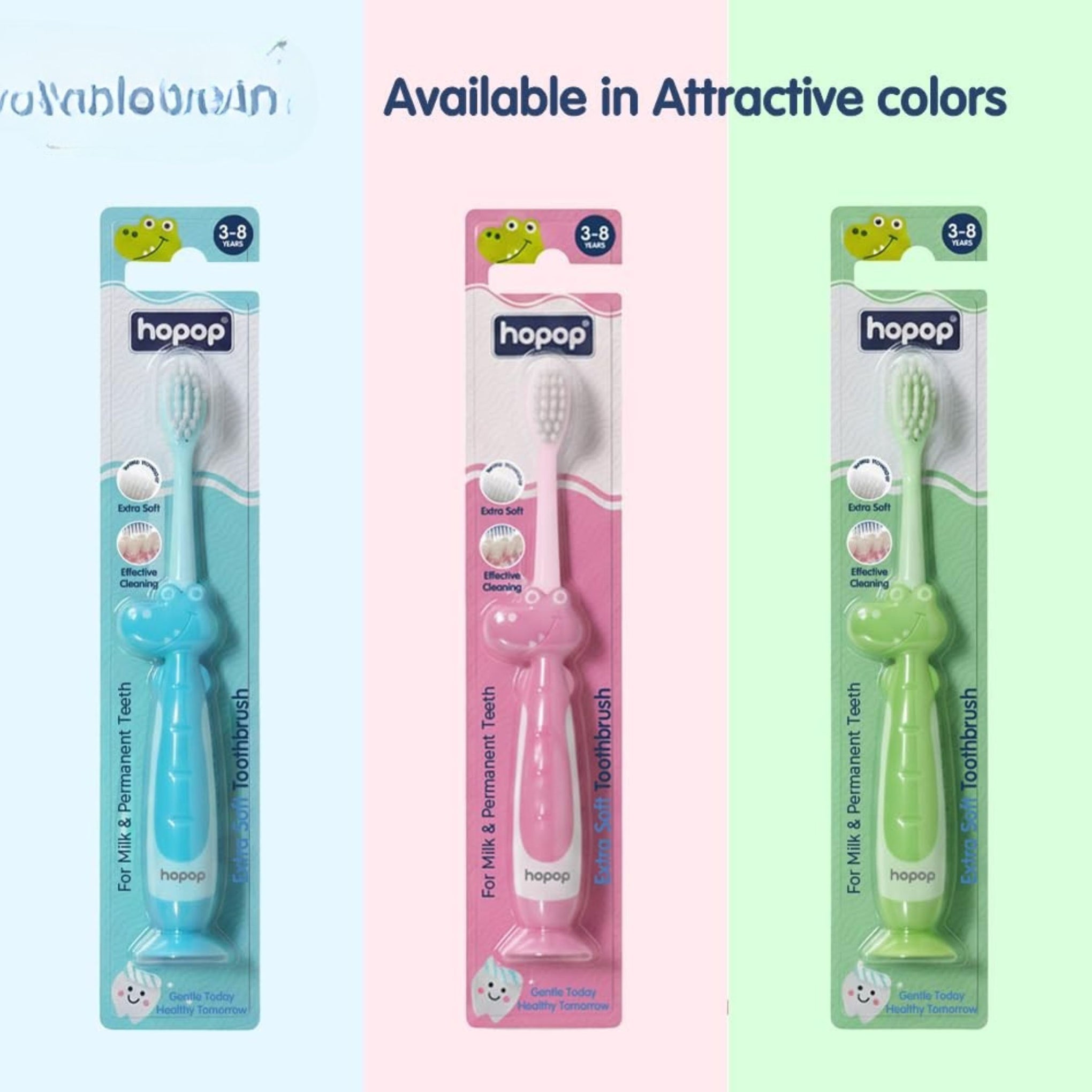 Hopop Kids Manual Toothbrush for 3–8 Years | Extra Soft Bristles for Milk & Permanent Teeth | BPA-Free | Gentle Oral Care with Suction Base & Easy Grip Handle | colors availebal PINK , Blue & Green