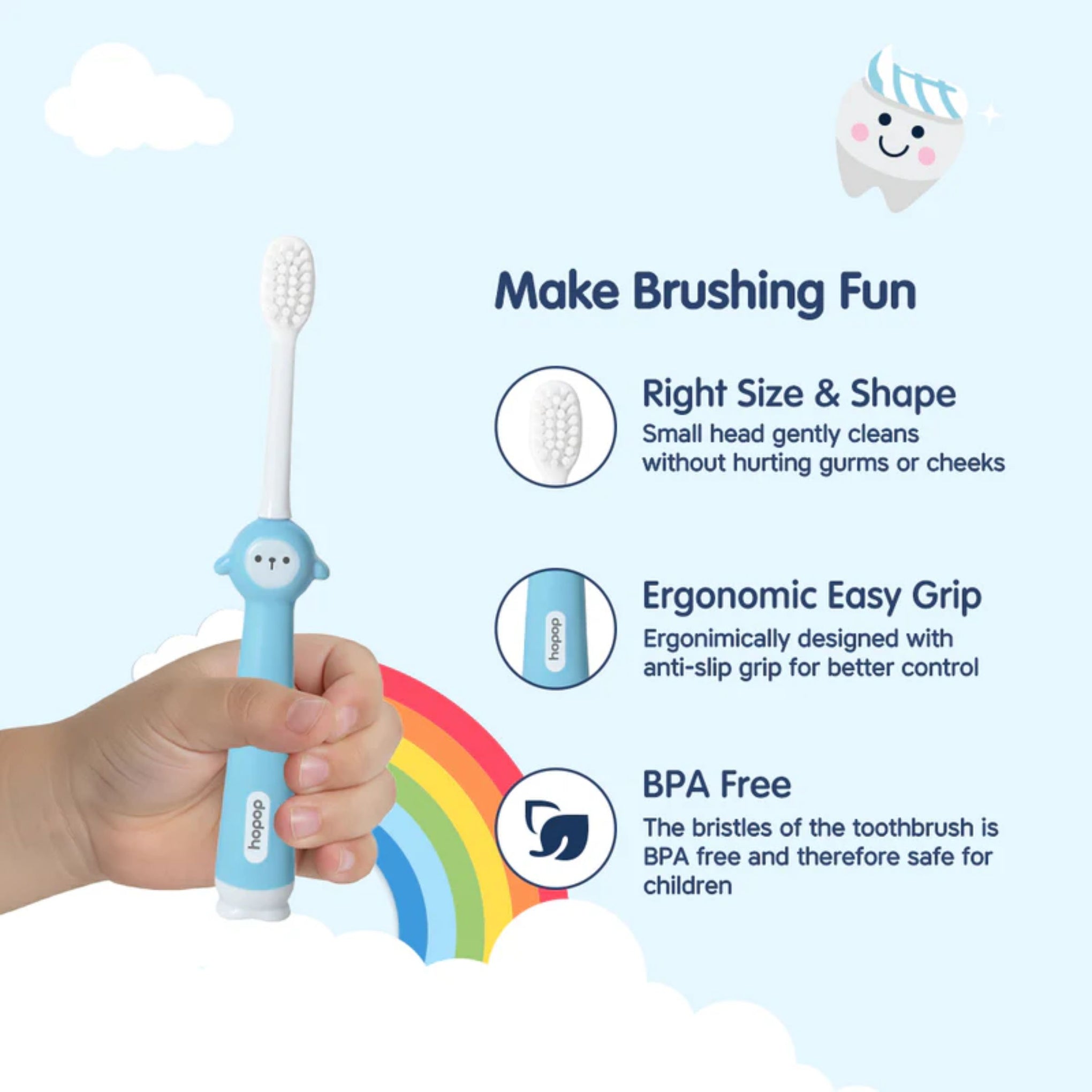 Hopop Baby Manual Toothbrush 6–36 Months | Extra Soft Tapered Bristles | BPA-Free | Milk Teeth Gum Care | Toddler Training Toothbrush | color avilebal PINK , BLUE & YELLOW