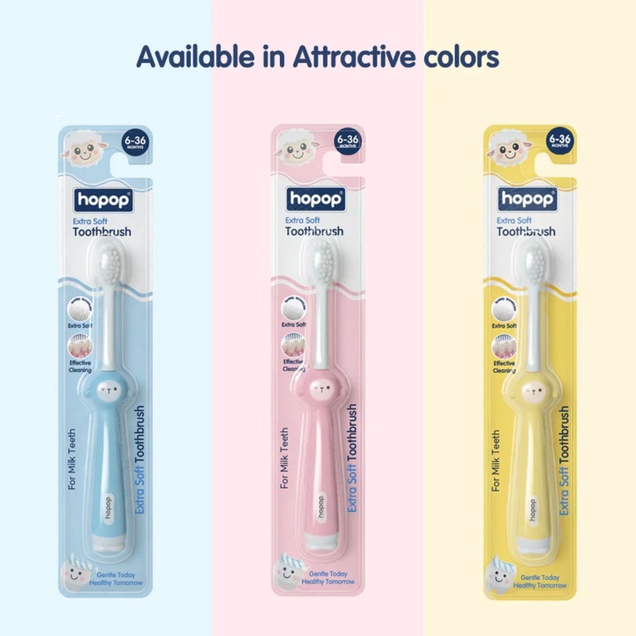 Hopop Baby Manual Toothbrush 6–36 Months | Extra Soft Tapered Bristles | BPA-Free | Milk Teeth Gum Care | Toddler Training Toothbrush | color avilebal PINK , BLUE & YELLOW