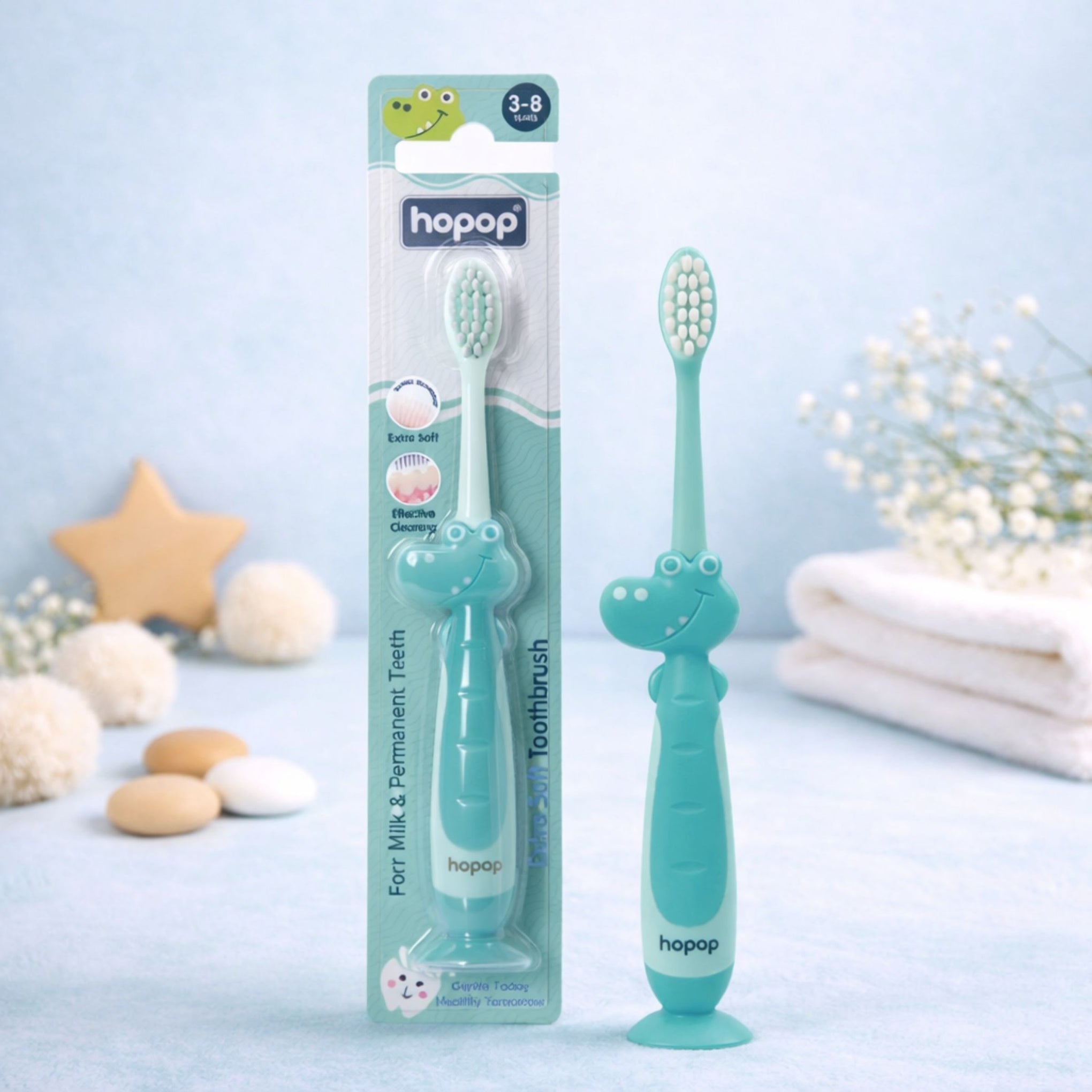 Hopop Kids Manual Toothbrush for 3–8 Years | Extra Soft Bristles for Milk & Permanent Teeth | BPA-Free | Gentle Oral Care with Suction Base & Easy Grip Handle | colors availebal PINK , Blue & Green