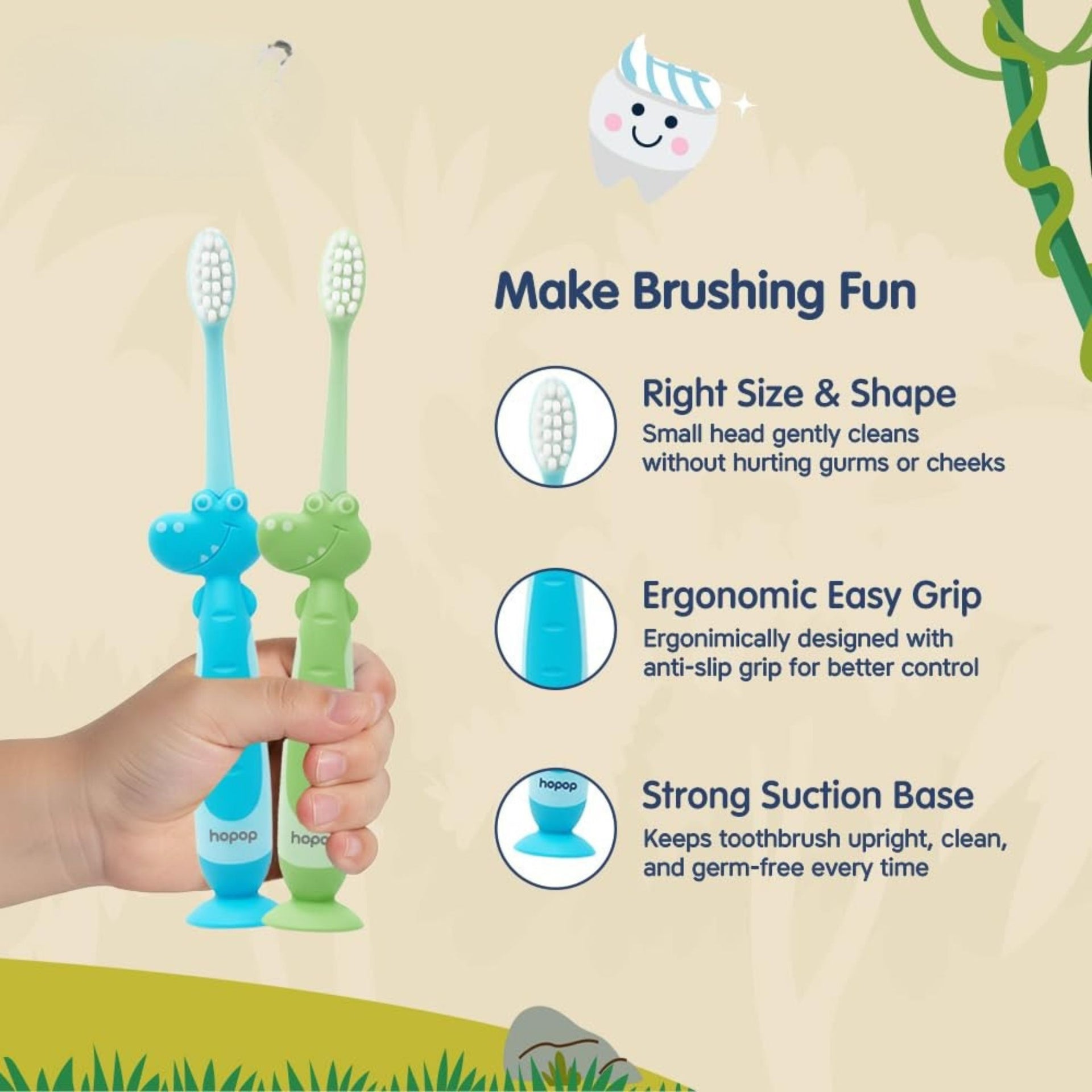 Hopop Kids Manual Toothbrush for 3–8 Years | Extra Soft Bristles for Milk & Permanent Teeth | BPA-Free | Gentle Oral Care with Suction Base & Easy Grip Handle | colors availebal PINK , Blue & Green