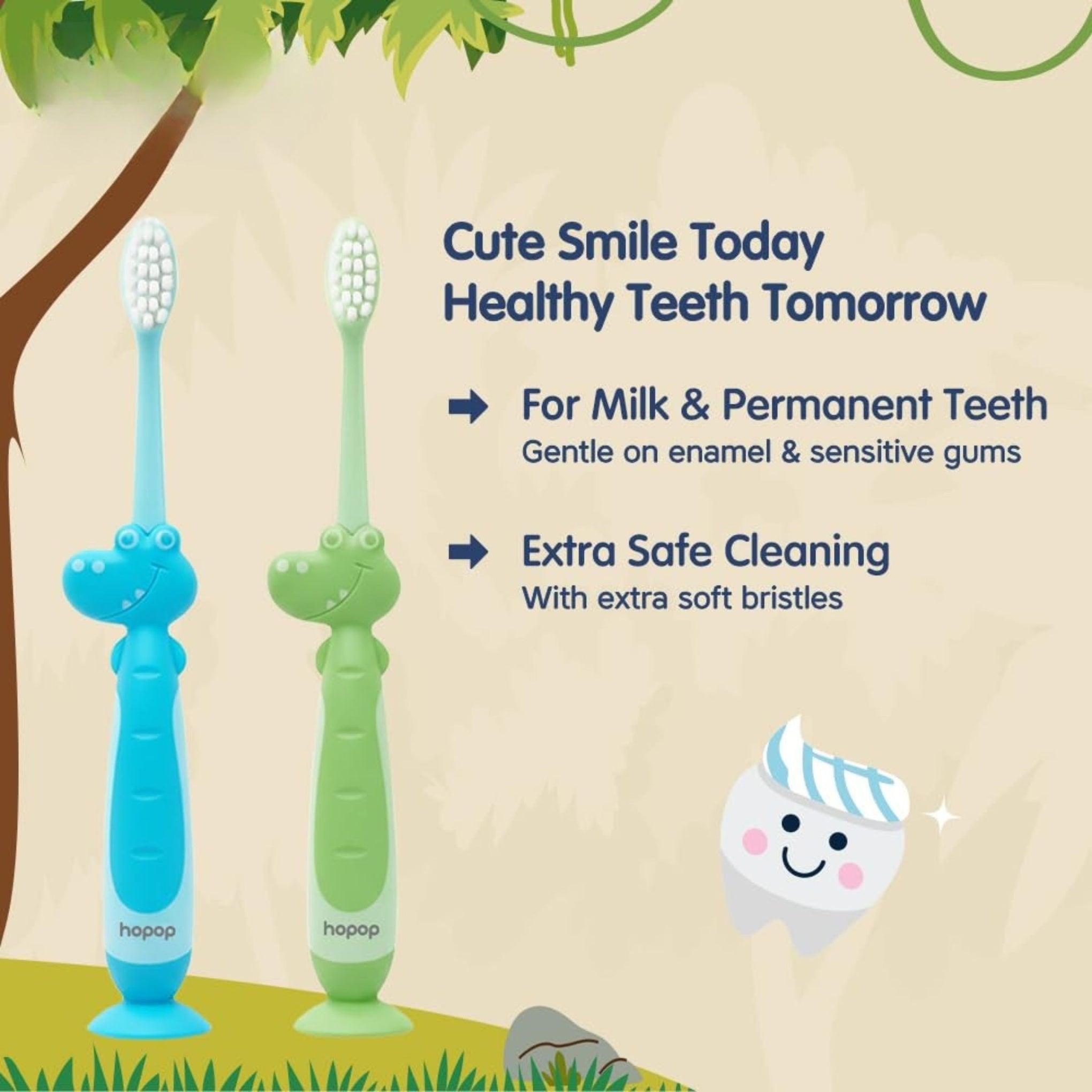 Hopop Kids Manual Toothbrush for 3–8 Years | Extra Soft Bristles for Milk & Permanent Teeth | BPA-Free | Gentle Oral Care with Suction Base & Easy Grip Handle | colors availebal PINK , Blue & Green
