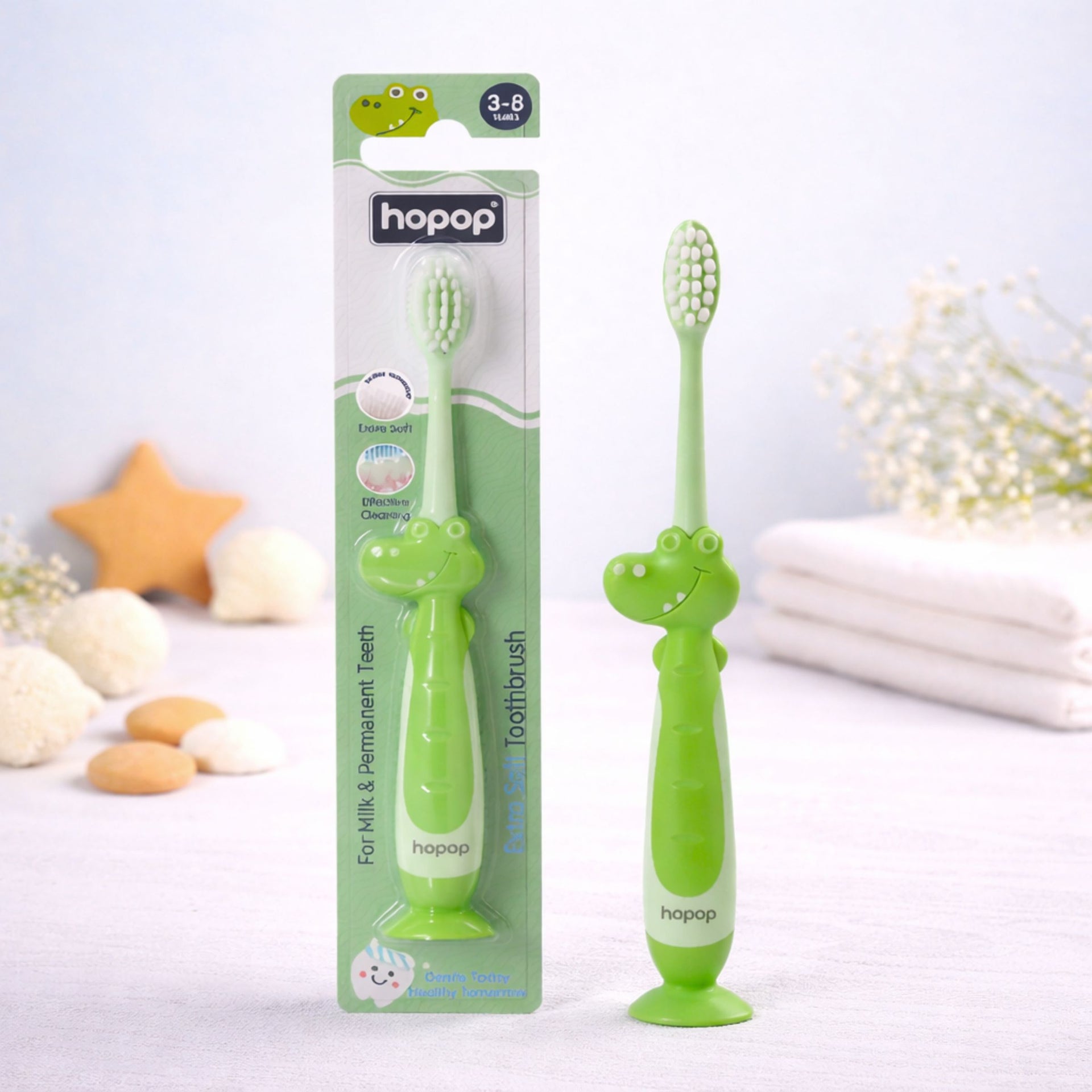 Hopop Kids Manual Toothbrush for 3–8 Years | Extra Soft Bristles for Milk & Permanent Teeth | BPA-Free | Gentle Oral Care with Suction Base & Easy Grip Handle | colors availebal PINK , Blue & Green