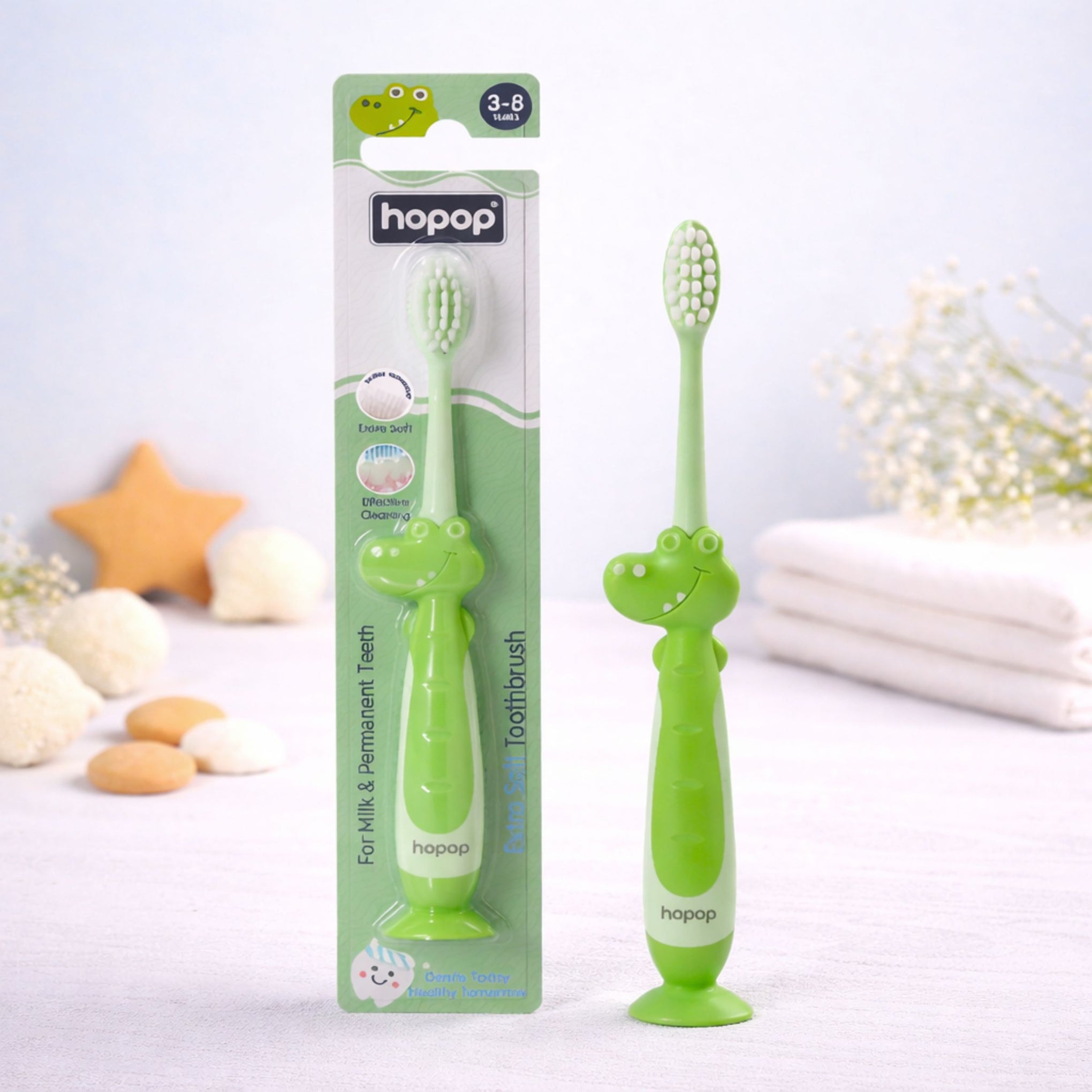 Hopop Kids Manual Toothbrush for 3–8 Years | Extra Soft Bristles for Milk & Permanent Teeth | BPA-Free | Gentle Oral Care with Suction Base & Easy Grip Handle | colors availebal PINK , Blue & Green