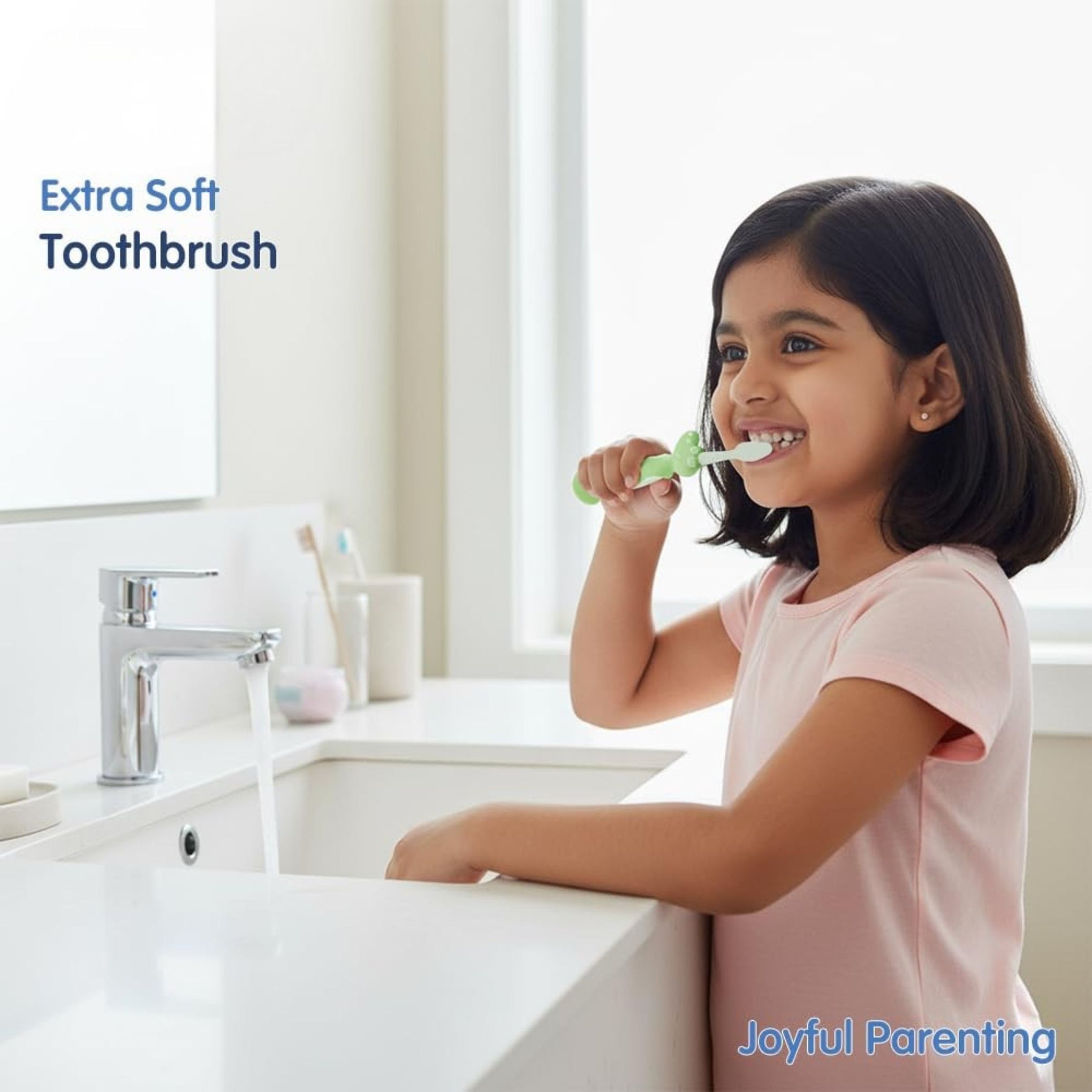 Hopop Kids Manual Toothbrush for 3–8 Years | Extra Soft Bristles for Milk & Permanent Teeth | BPA-Free | Gentle Oral Care with Suction Base & Easy Grip Handle | colors availebal PINK , Blue & Green