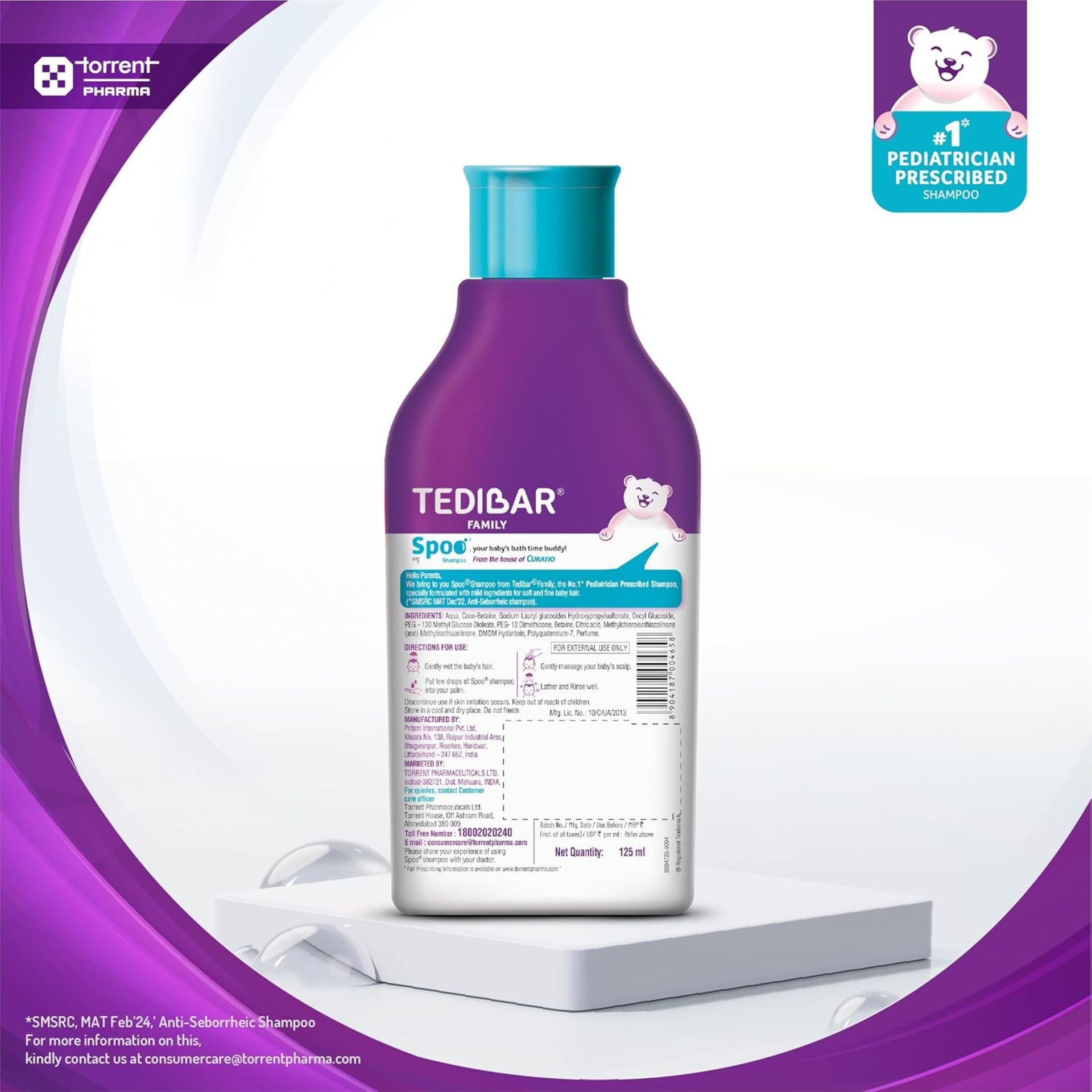 Tedibar Spoo Gentle Baby Shampoo 125 ml | No-Tear Formula | Pediatrician Prescribed | Sulphate & Paraben Free