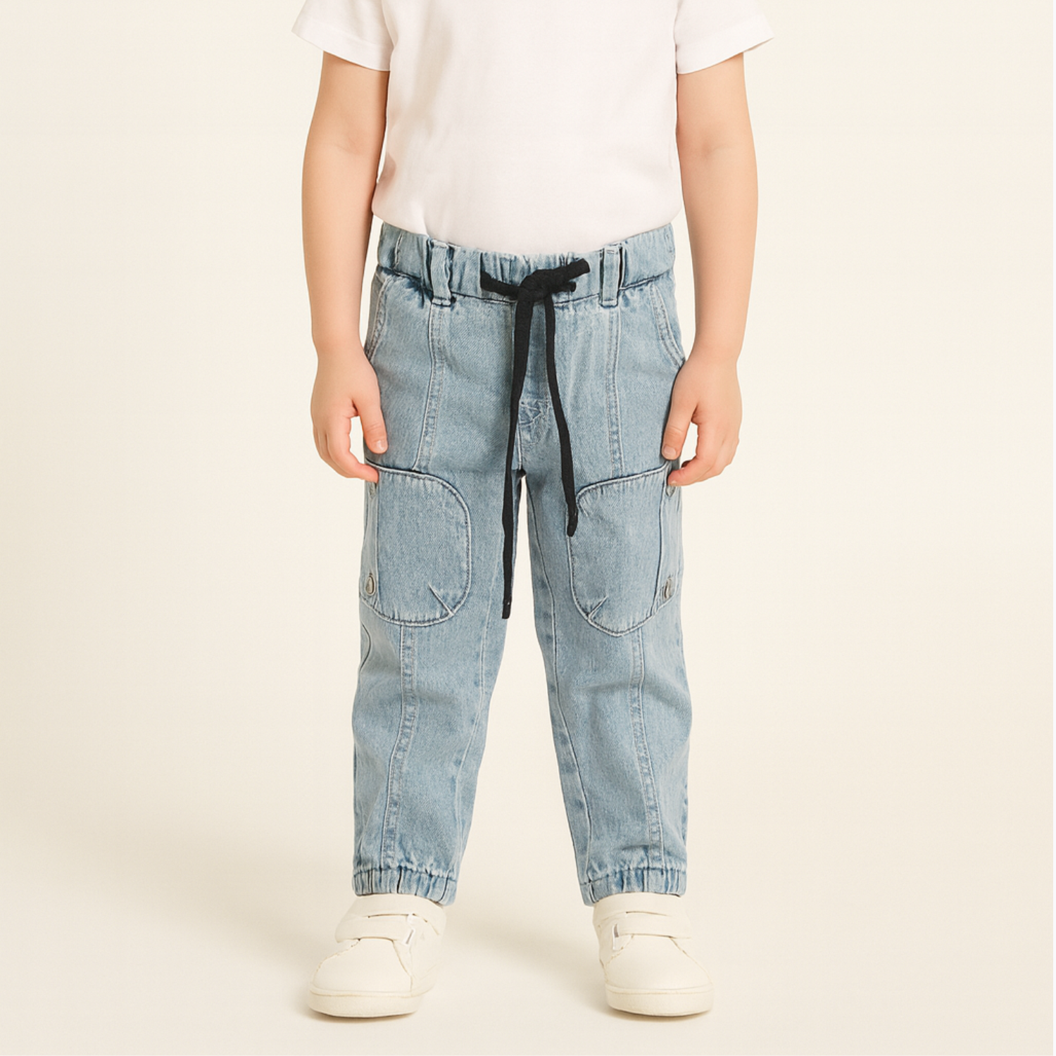 Smile Baby Boys' Light Blue Cargo Denim Pants with Elastic Waist – Ages 5-12 Years