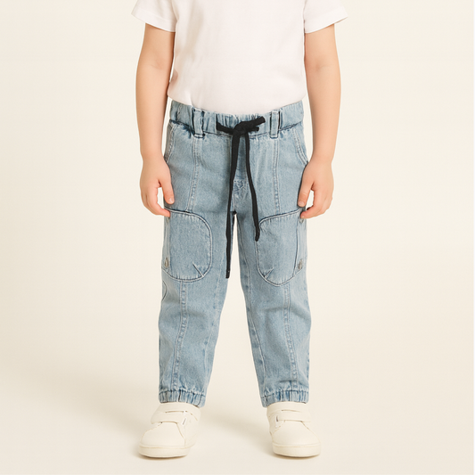 Smile Baby Boys' Light Blue Cargo Denim Pants with Elastic Waist – Ages 5-12 Years
