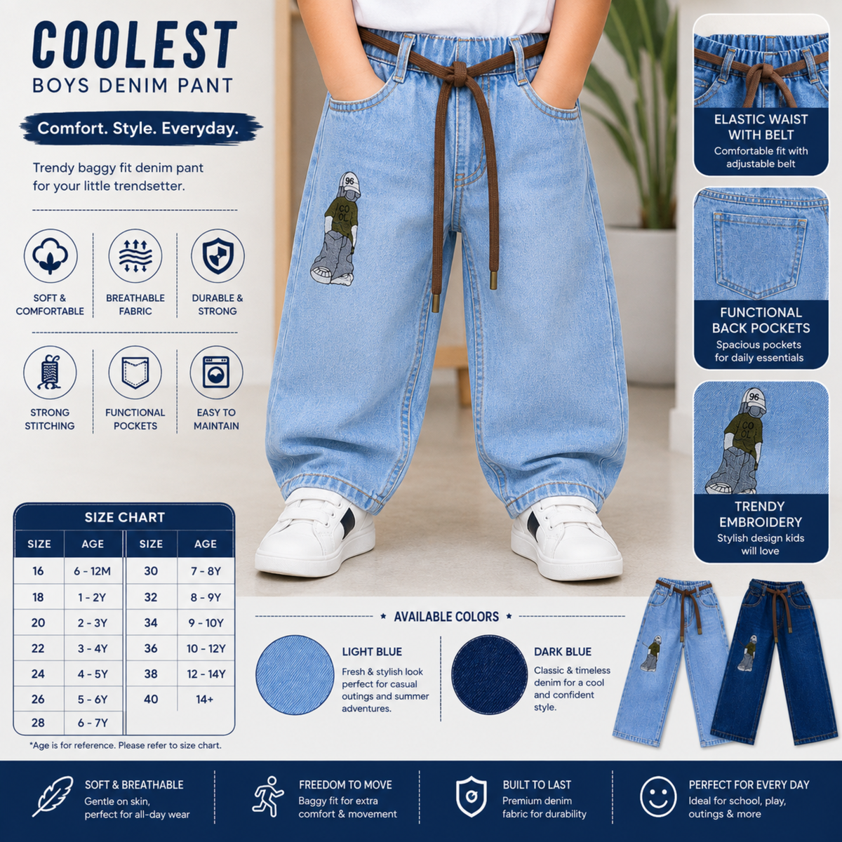 COOLEST Boys Denim Jeans Pant with Belt | Light & Dark Blue | 6 Months–14+ Years