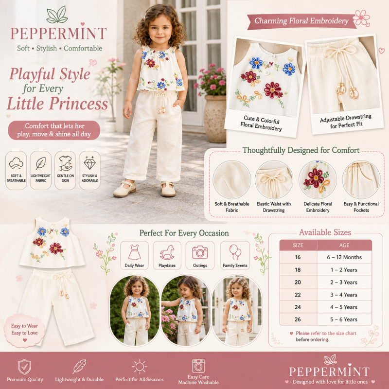 PEPPERMINT Girls Floral Embroidered Top & Pant Set | Soft Cotton Blend Outfit | 6 Months–6 Years 