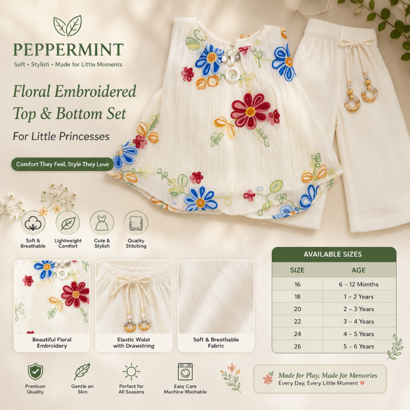 PEPPERMINT Girls Floral Embroidered Top & Pant Set | Soft Cotton Blend Outfit | 6 Months–6 Years 