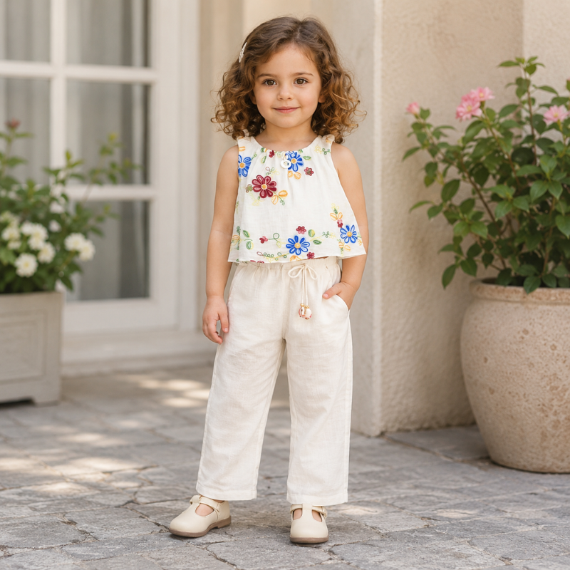 PEPPERMINT Girls Floral Embroidered Top & Pant Set | Soft Cotton Blend Outfit | 6 Months–6 Years 