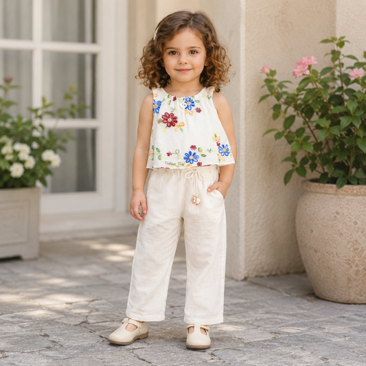 PEPPERMINT Girls Floral Embroidered Top & Pant Set | Soft Cotton Blend Outfit | 6 Months–6 Years 